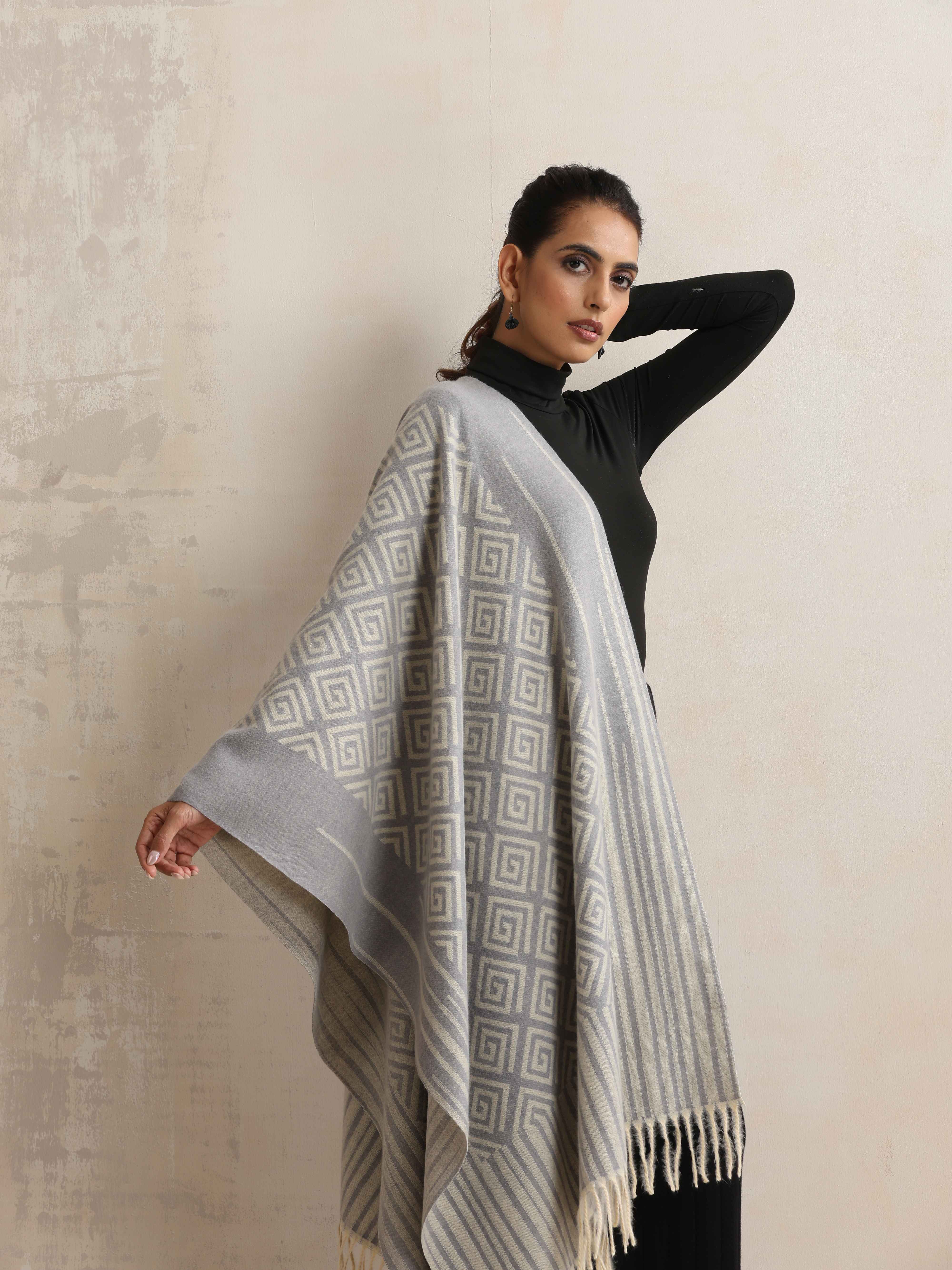 trueBrowns Grey Geometric Woollen Stole - Distacart