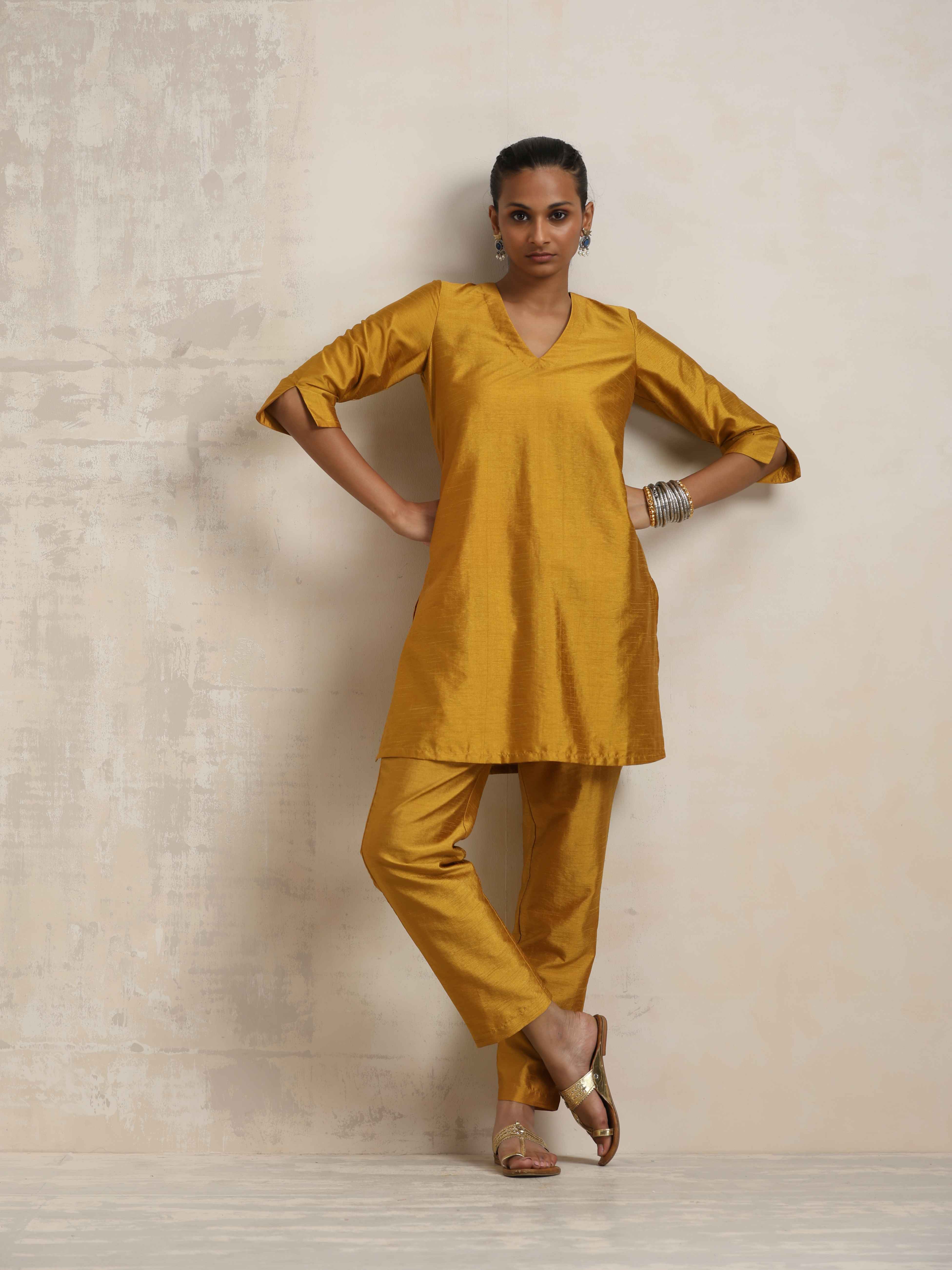 trueBrowns Gold Silk Kurta Co-ord Set - Distacart