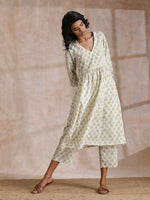 Thumbnail for trueBrowns Green Buta On Off White Block Print Cotton Slit Gathered Kurta Set - Distacart