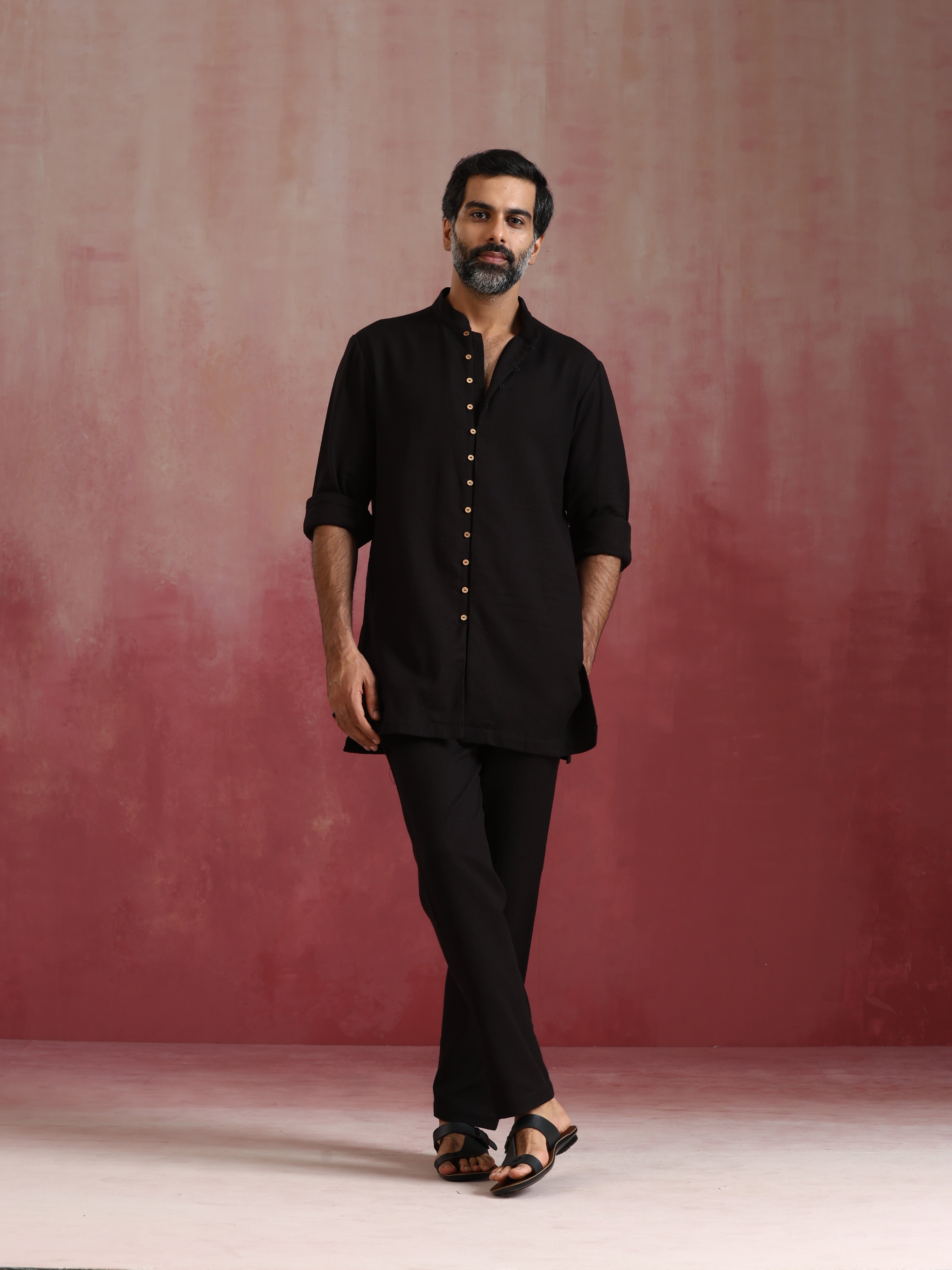trueBrowns Men's Black Cotton Dobby Kurta Co-ord Set - Distacart