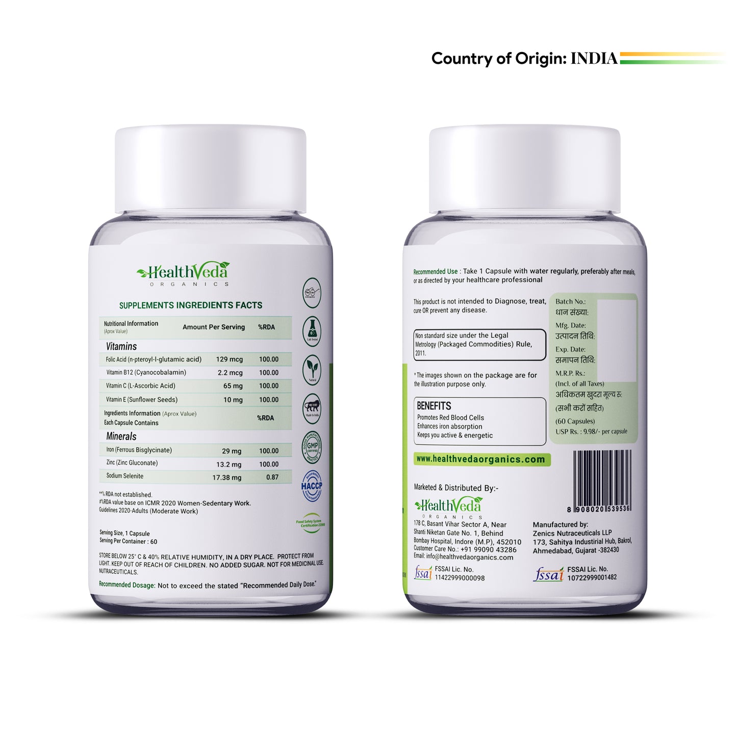 Health Veda Organics Iron + Folic Acid Capsules - Distacart
