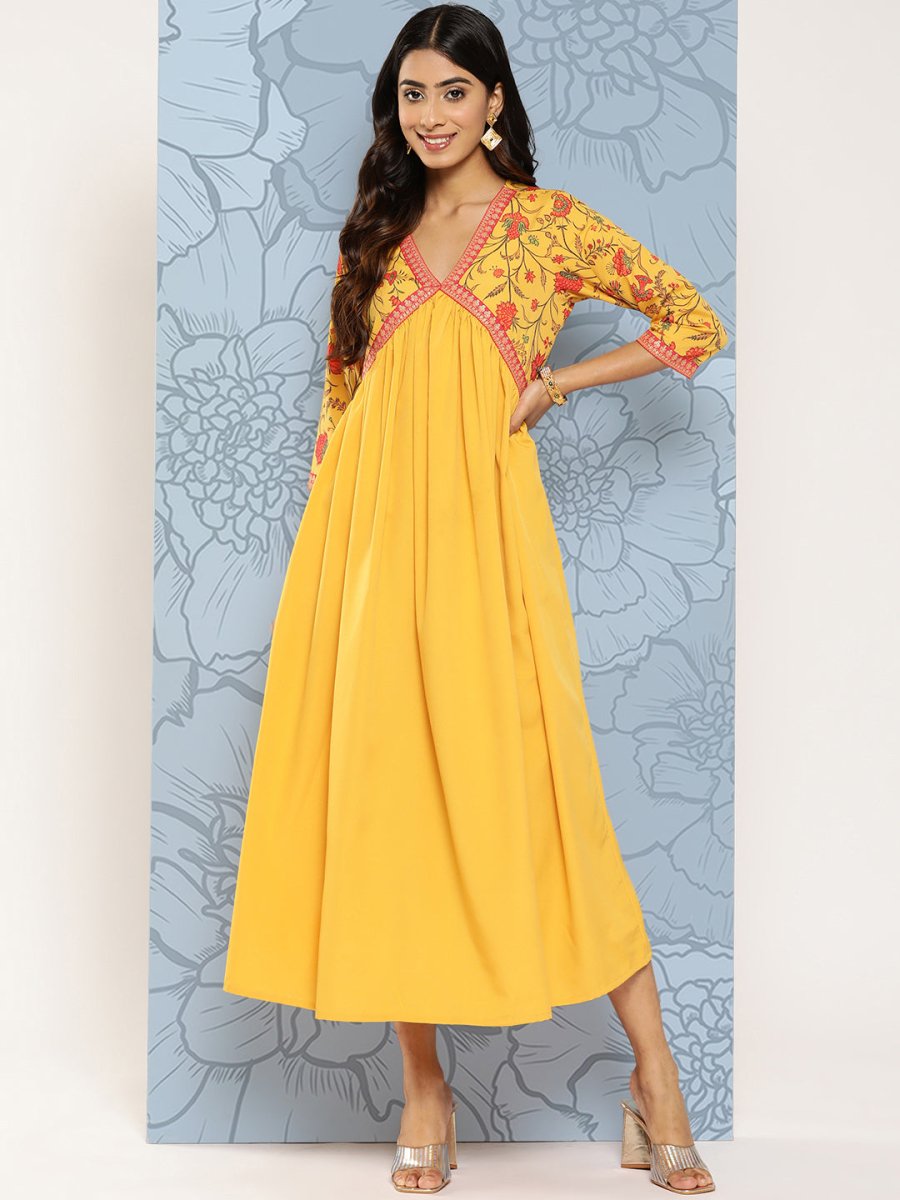 Ahalyaa Floral Print Crepe Empire Midi Ethnic Dress - Distacart