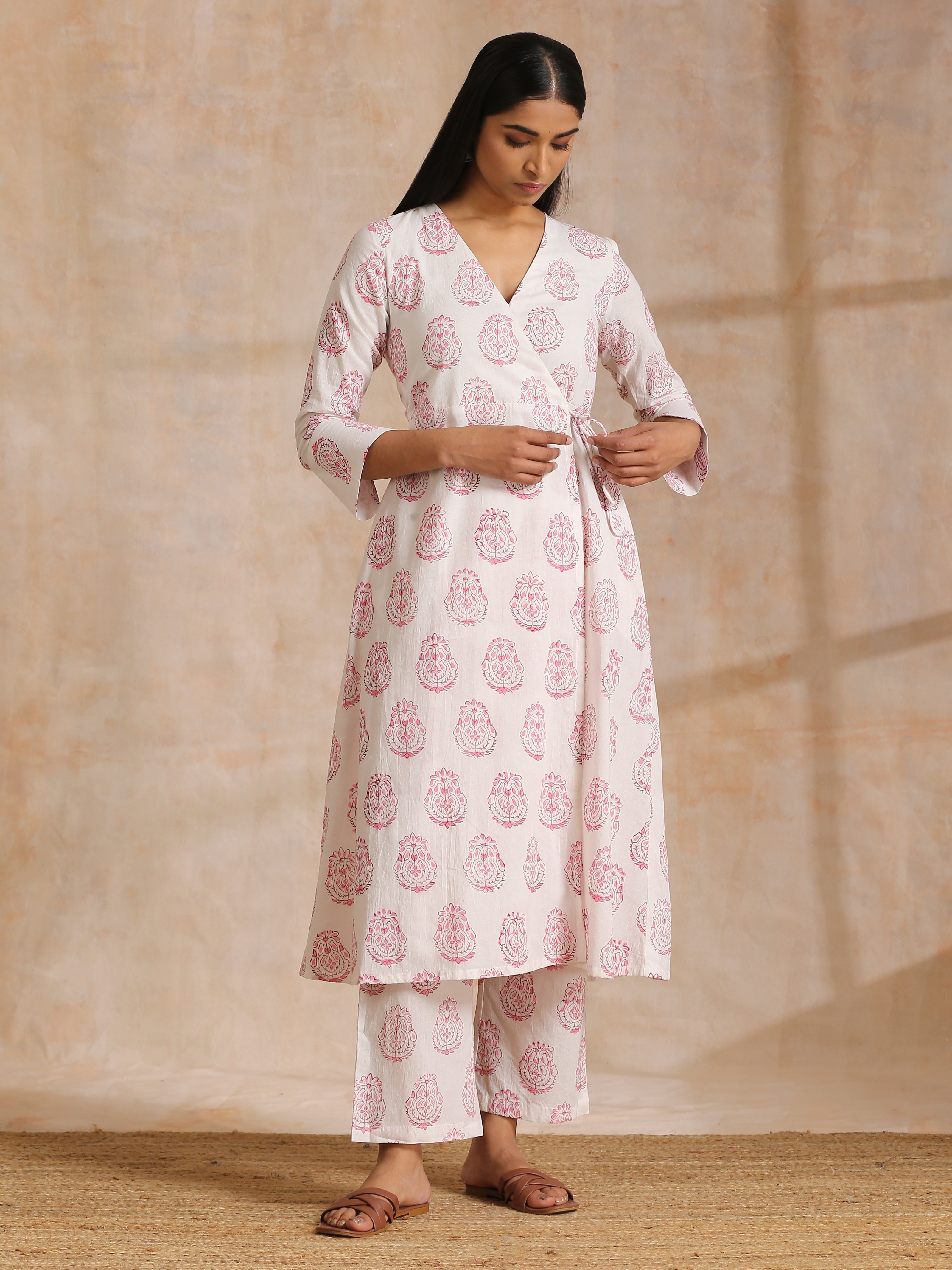 trueBrowns Pink Big Buta On White Print Cotton Angrakha Kurta Pant Set - Distacart