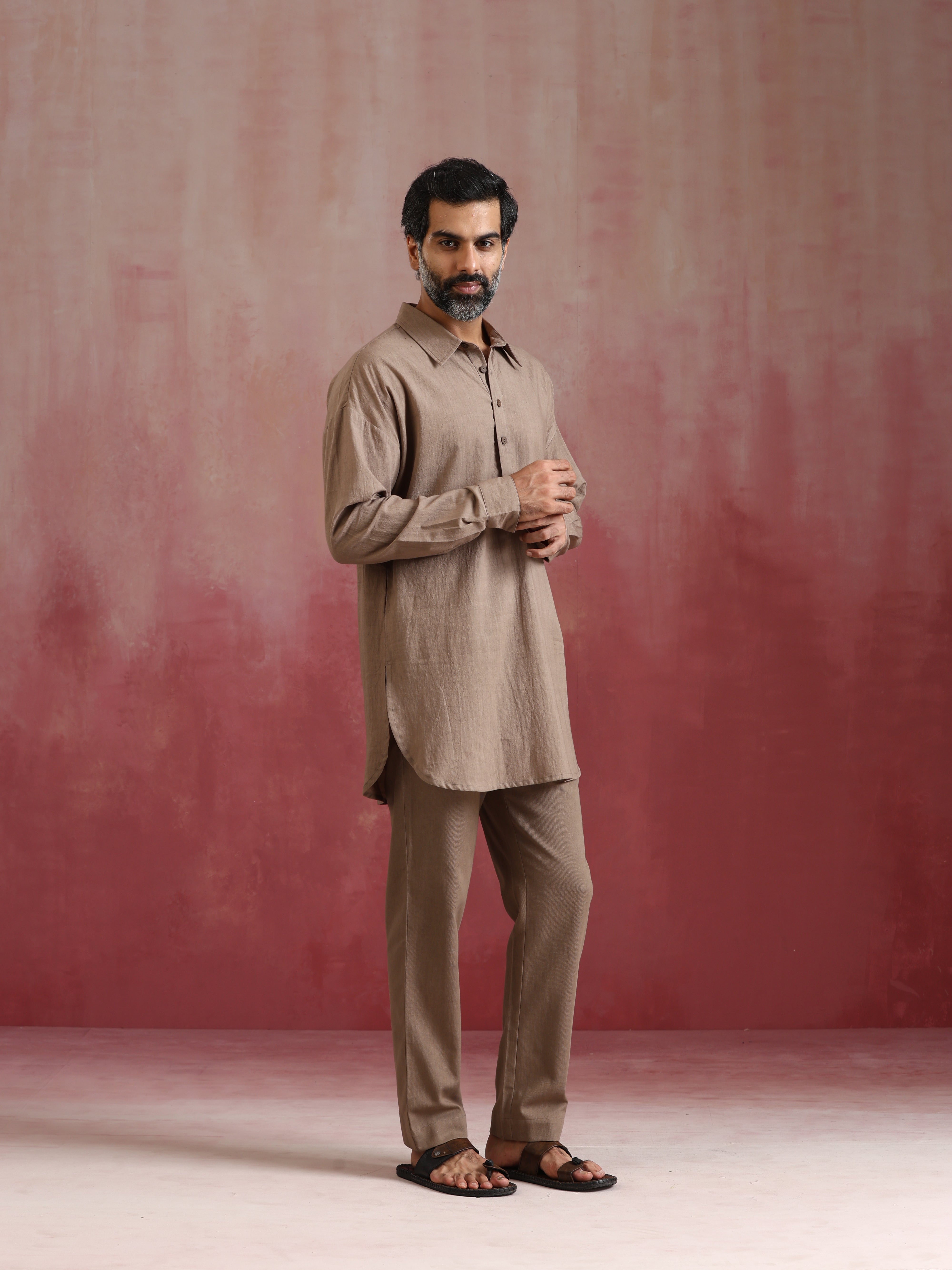 trueBrowns Men's Grey Cotton Shirt Collar Stylized Kurta Co-ord set - Distacart