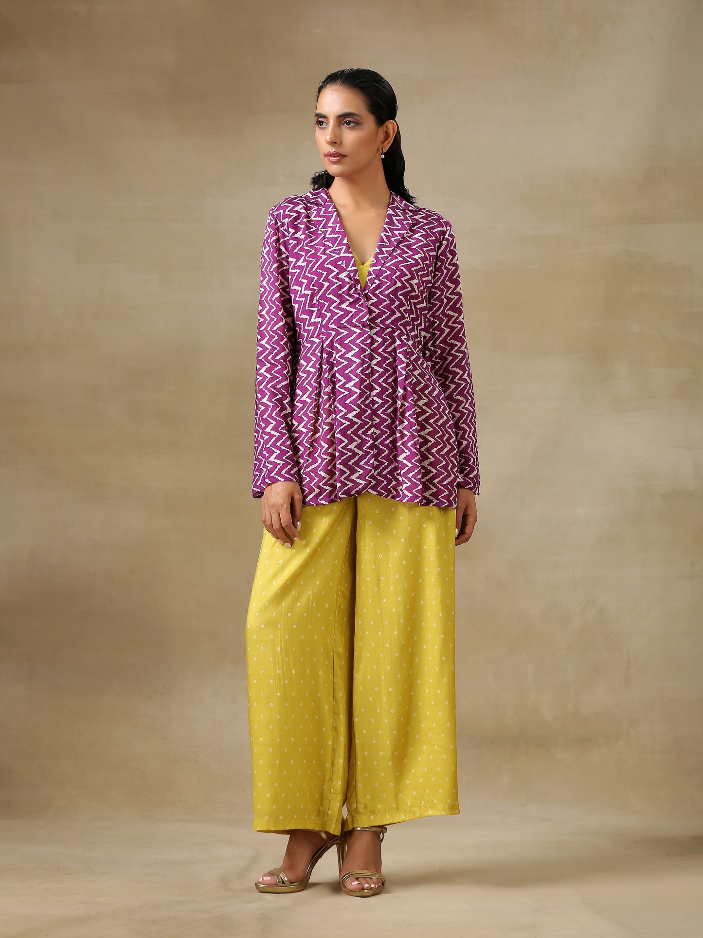 trueBrowns Lime Green Bandhani Printed Silk Top Pant with Purple Printed Jacket Set - Distacart