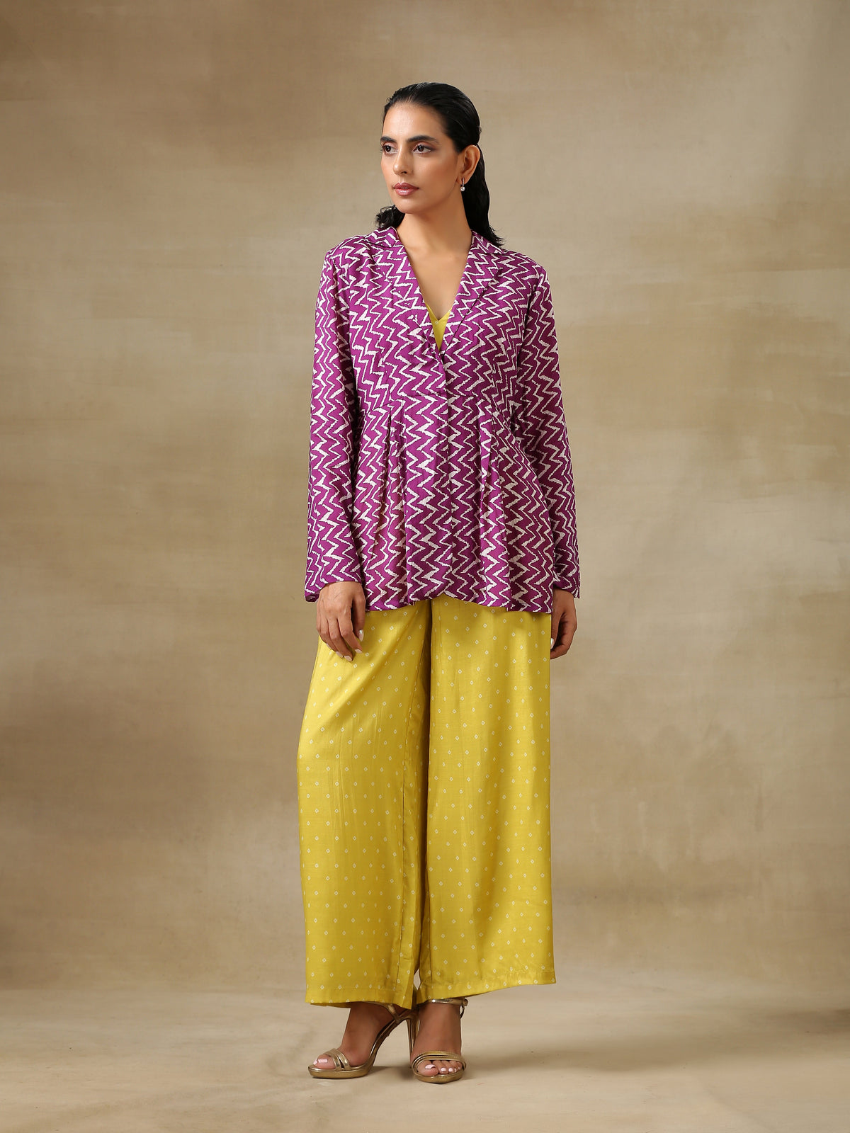 trueBrowns Lime Green Bandhani Printed Silk Top Pant with Purple Printed Jacket Set - Distacart
