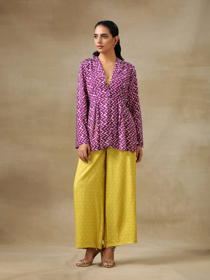 trueBrowns Lime Green Bandhani Printed Silk Top Pant with Purple Printed Jacket Set - Distacart