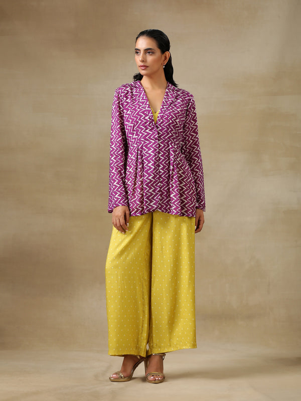 trueBrowns Lime Green Bandhani Printed Silk Top Pant with Purple Printed Jacket Set - Distacart