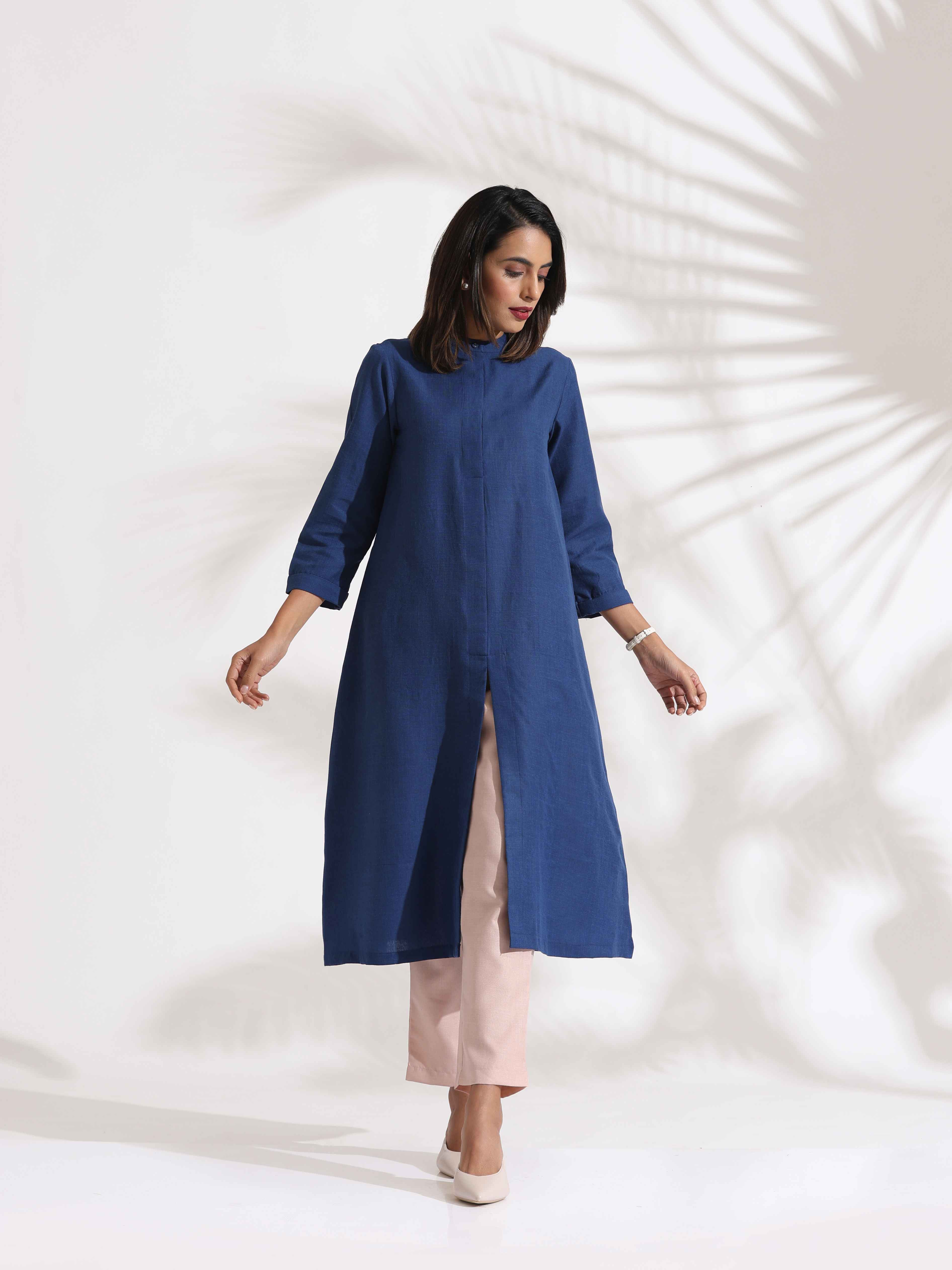 trueBrowns Blue Slub Kurta Set - Distacart