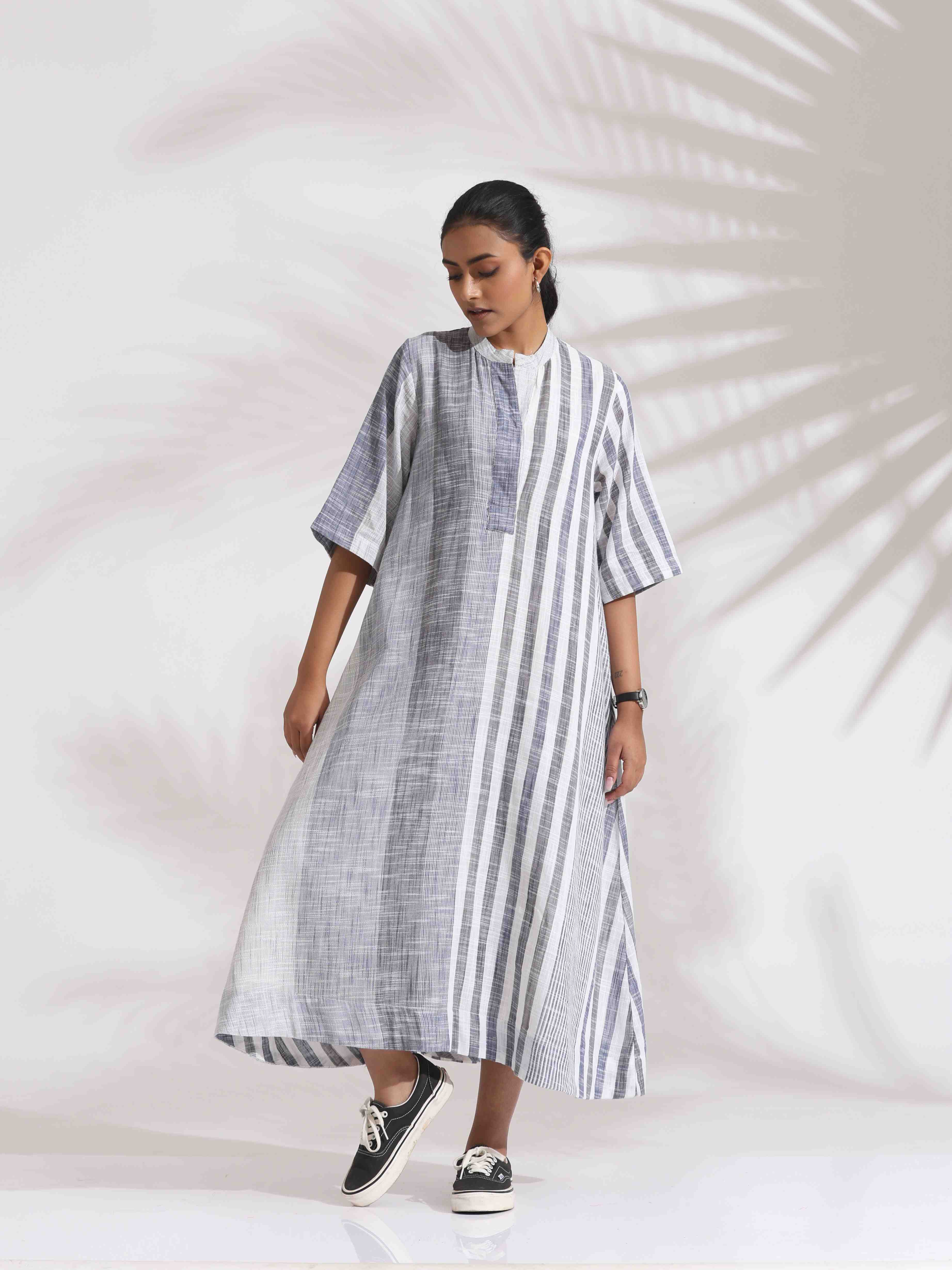 trueBrowns Off-White Cotton Multi Stripe Flared Dress - Distacart