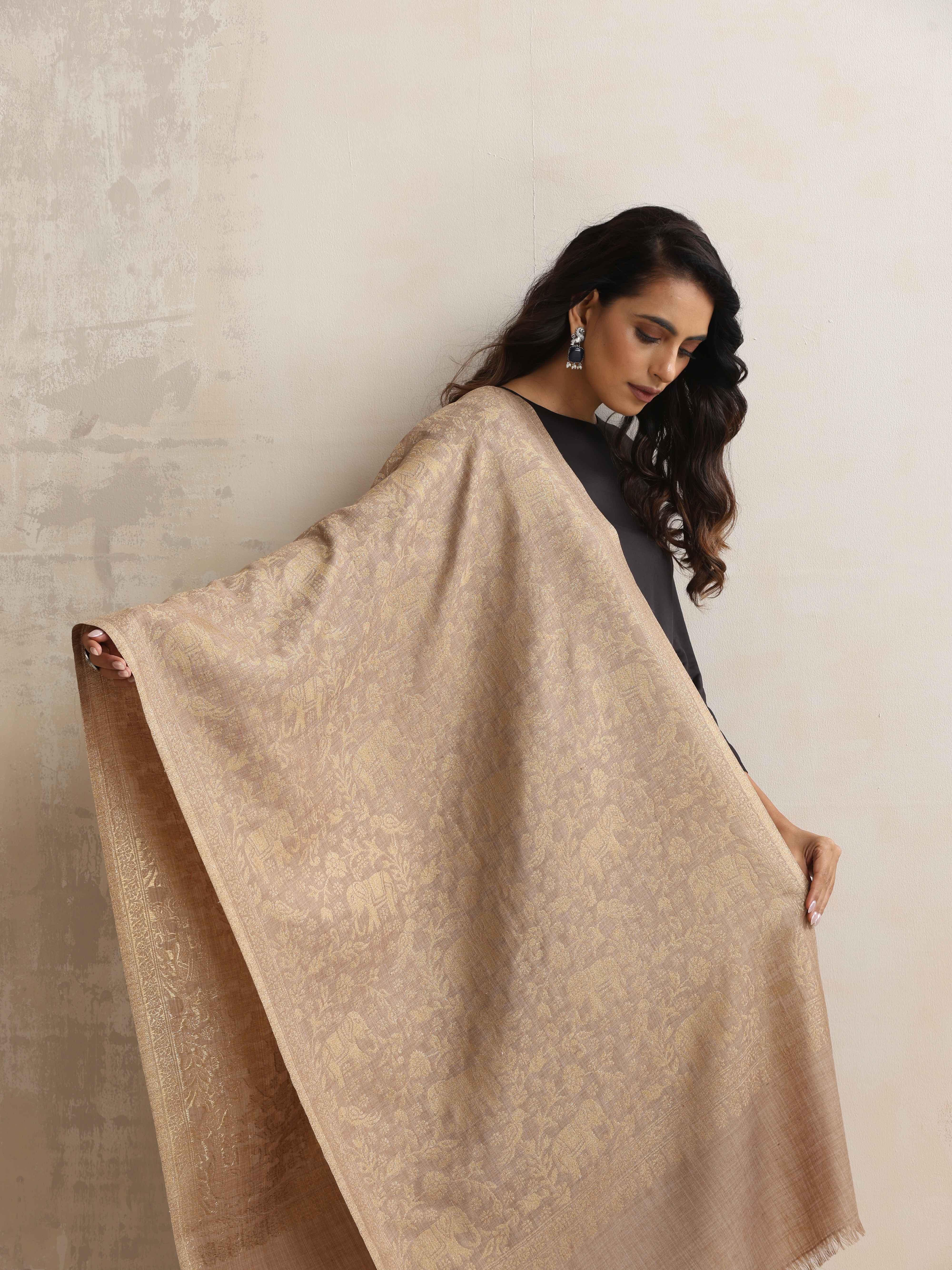 trueBrowns Brown Floral Jaal Woollen Stole - Distacart