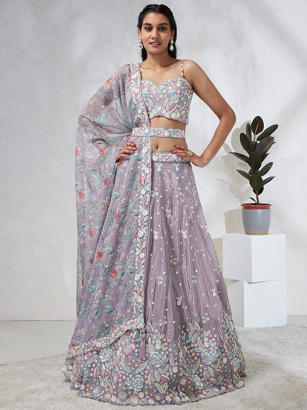 House of Panchhi Mauve Chiffon Sequins And Thread Embroidery Lehenga Choli & Dupatta - Distacart