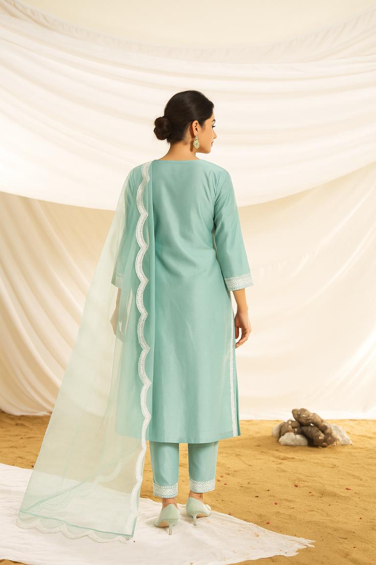 BulBul Women Aqua Embroidered Premium Silk Straight Suit With Dupatta