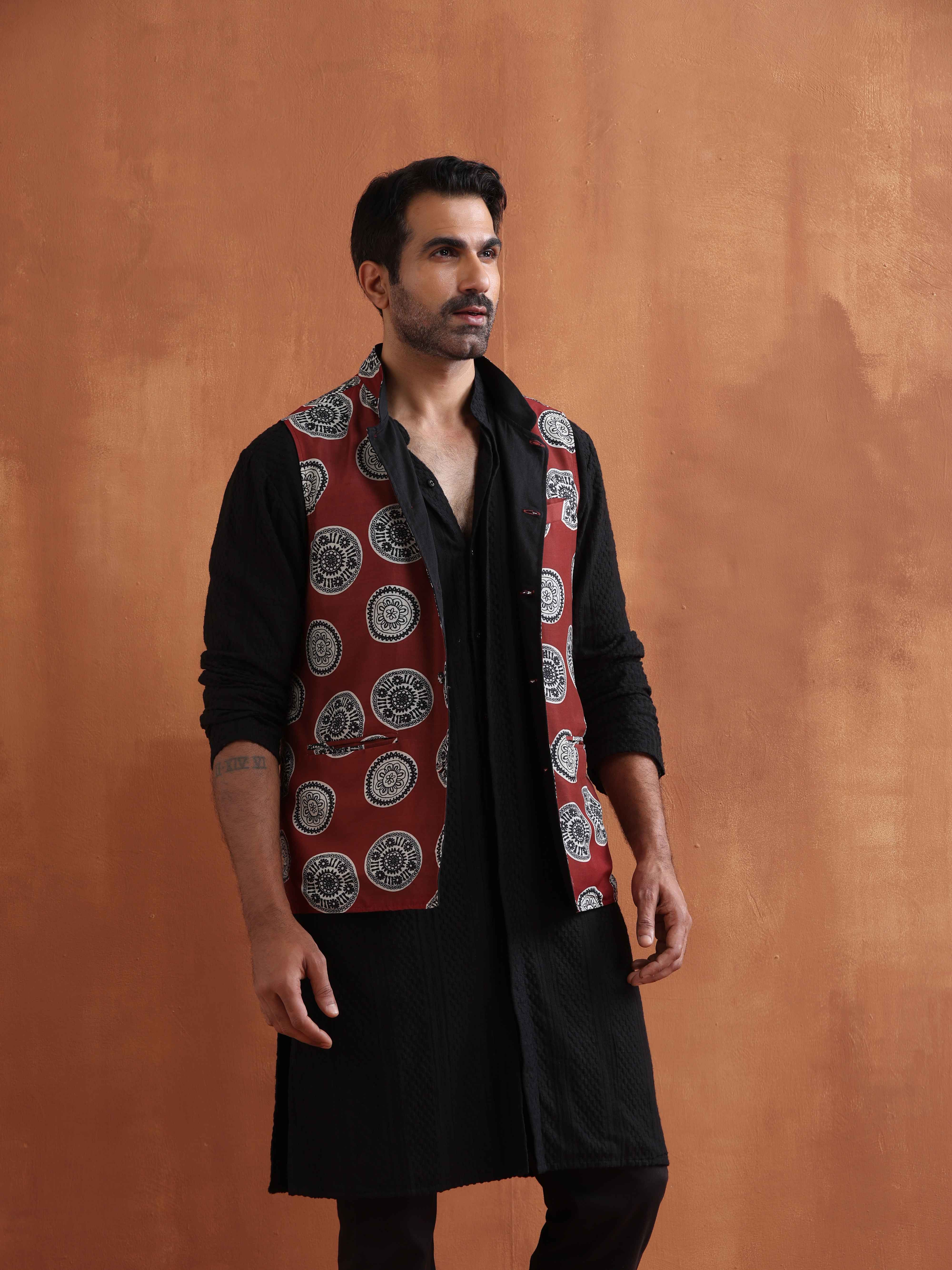 trueBrowns Men's Rust Printed Nehru Jacket - Distacart