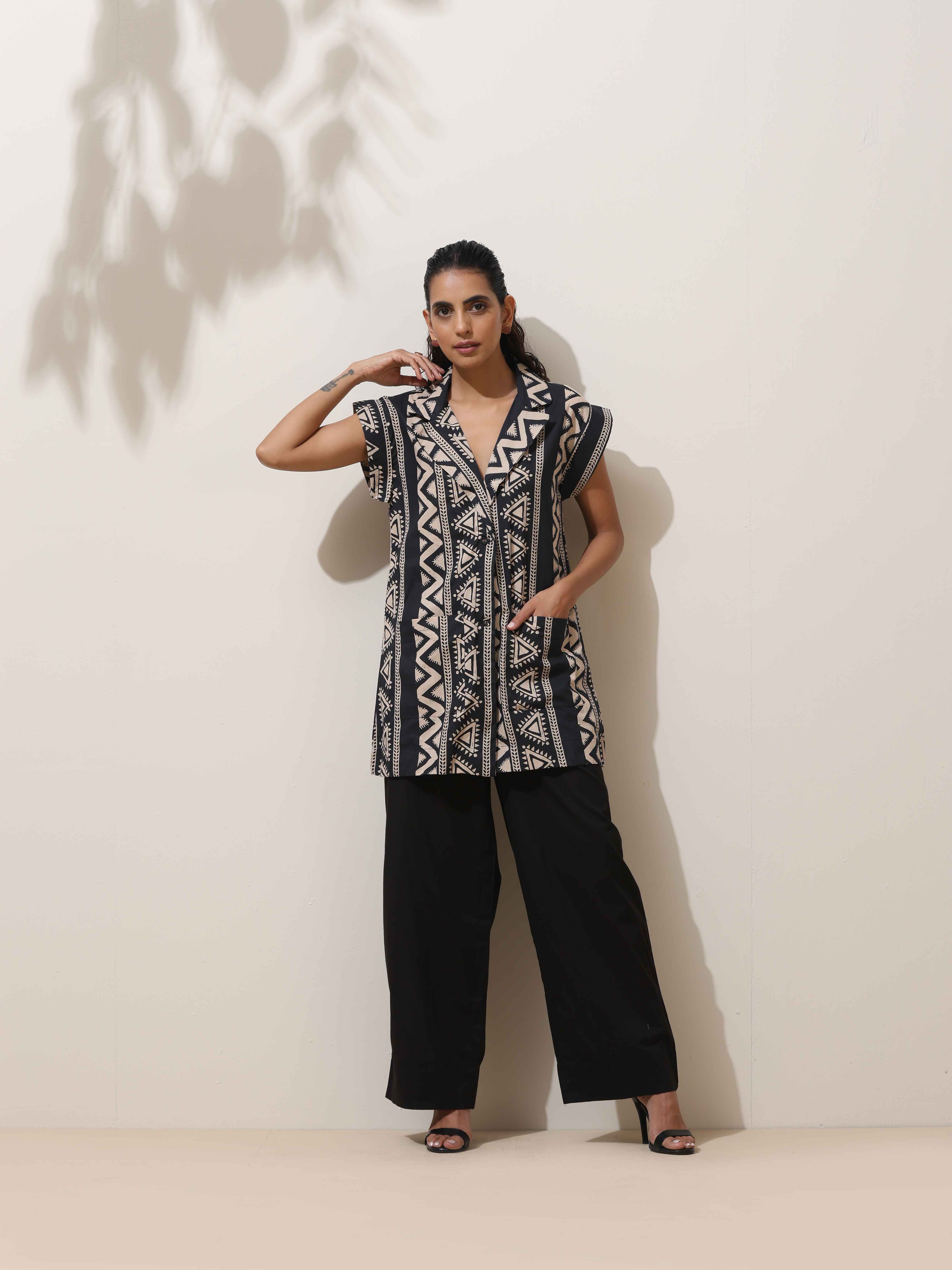 trueBrowns Beige Cotton Geometric Print Jacket Co-ord Set - Distacart