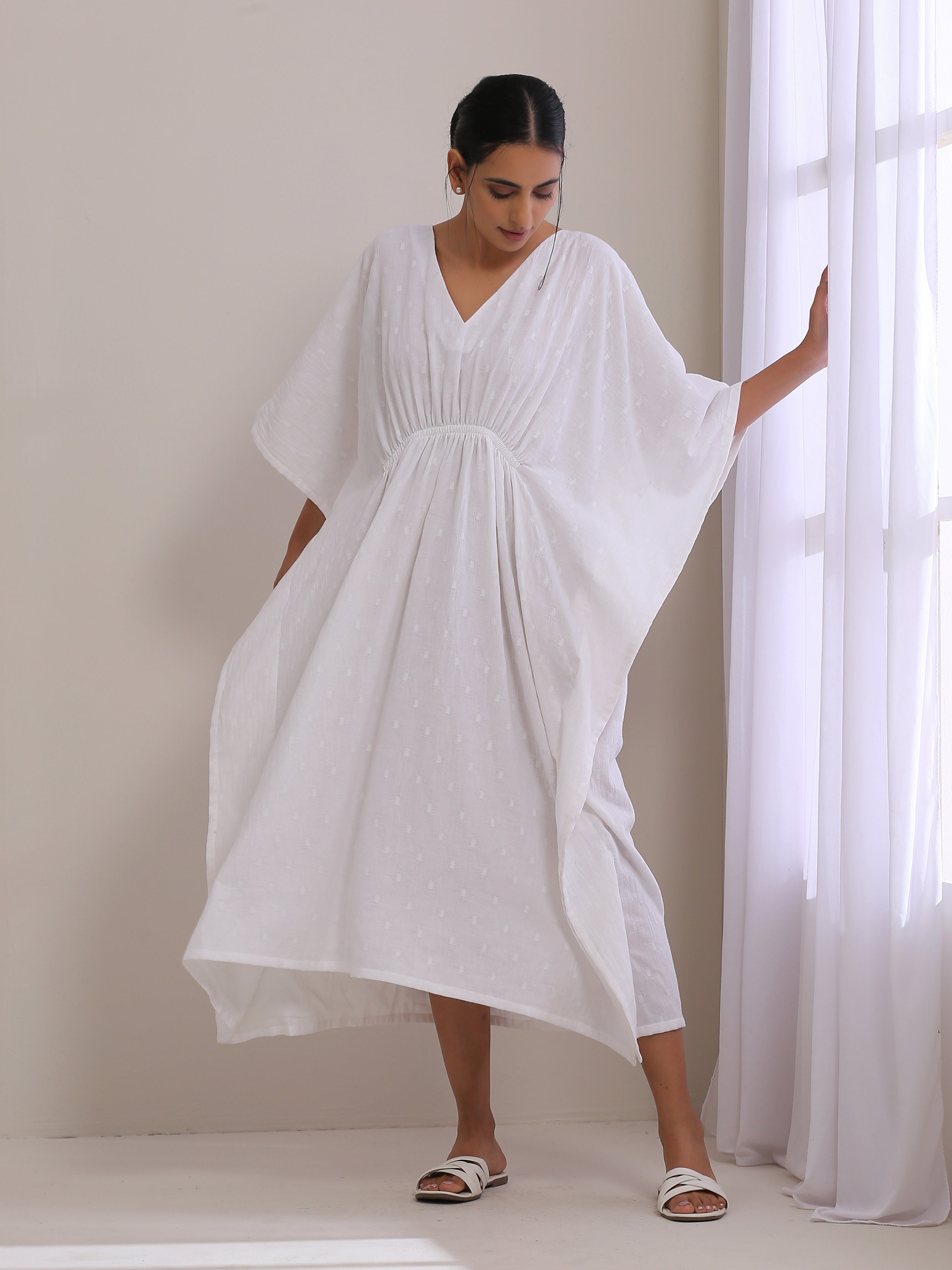 trueBrowns White Dobby Kaftan Dress - Distacart