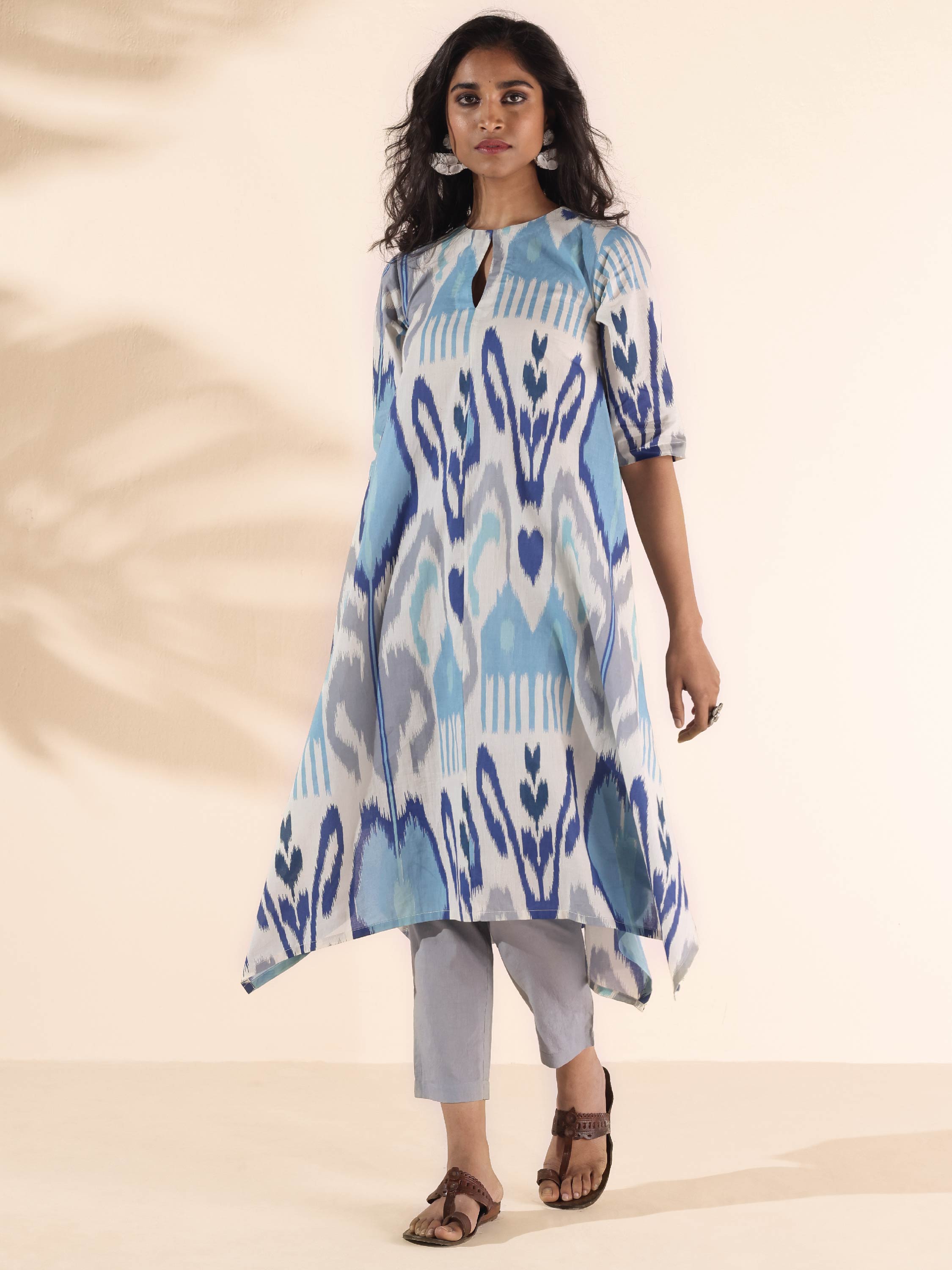 trueBrowns Blue Cotton Ikat Flared Kurta Pant Set - Distacart