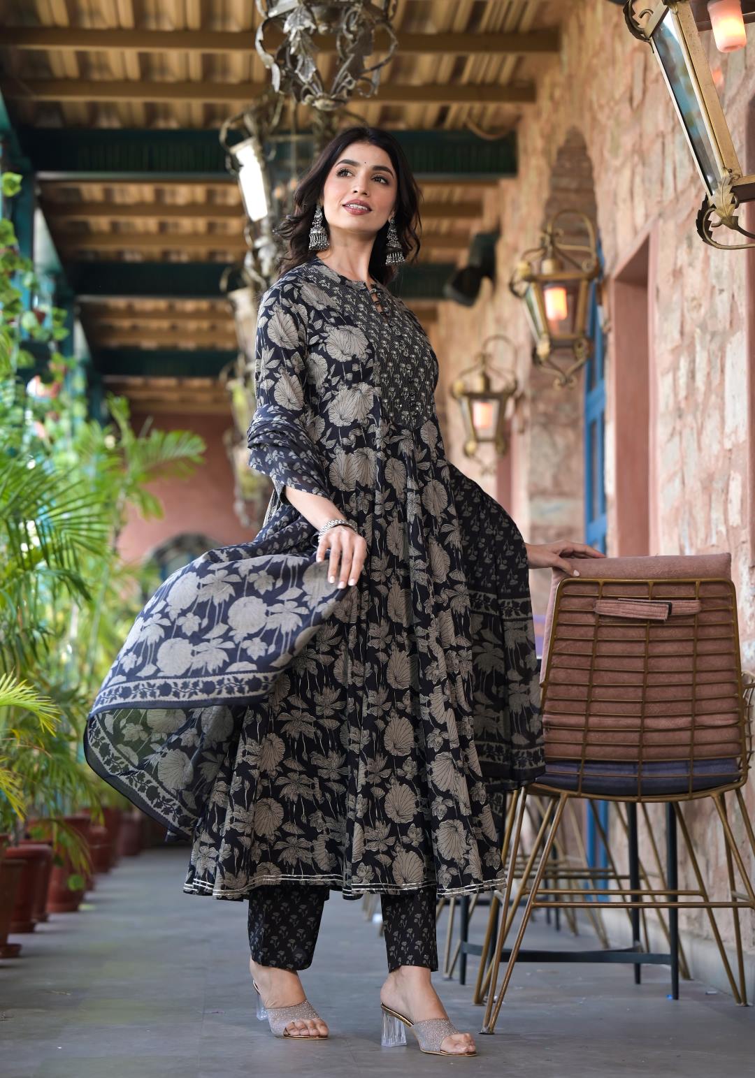 Varanga Women Black Mandarin Collar Embellished Yoke Three-Quarter Sleeves Paired With Printed Bottom And Dupatta - Distacart