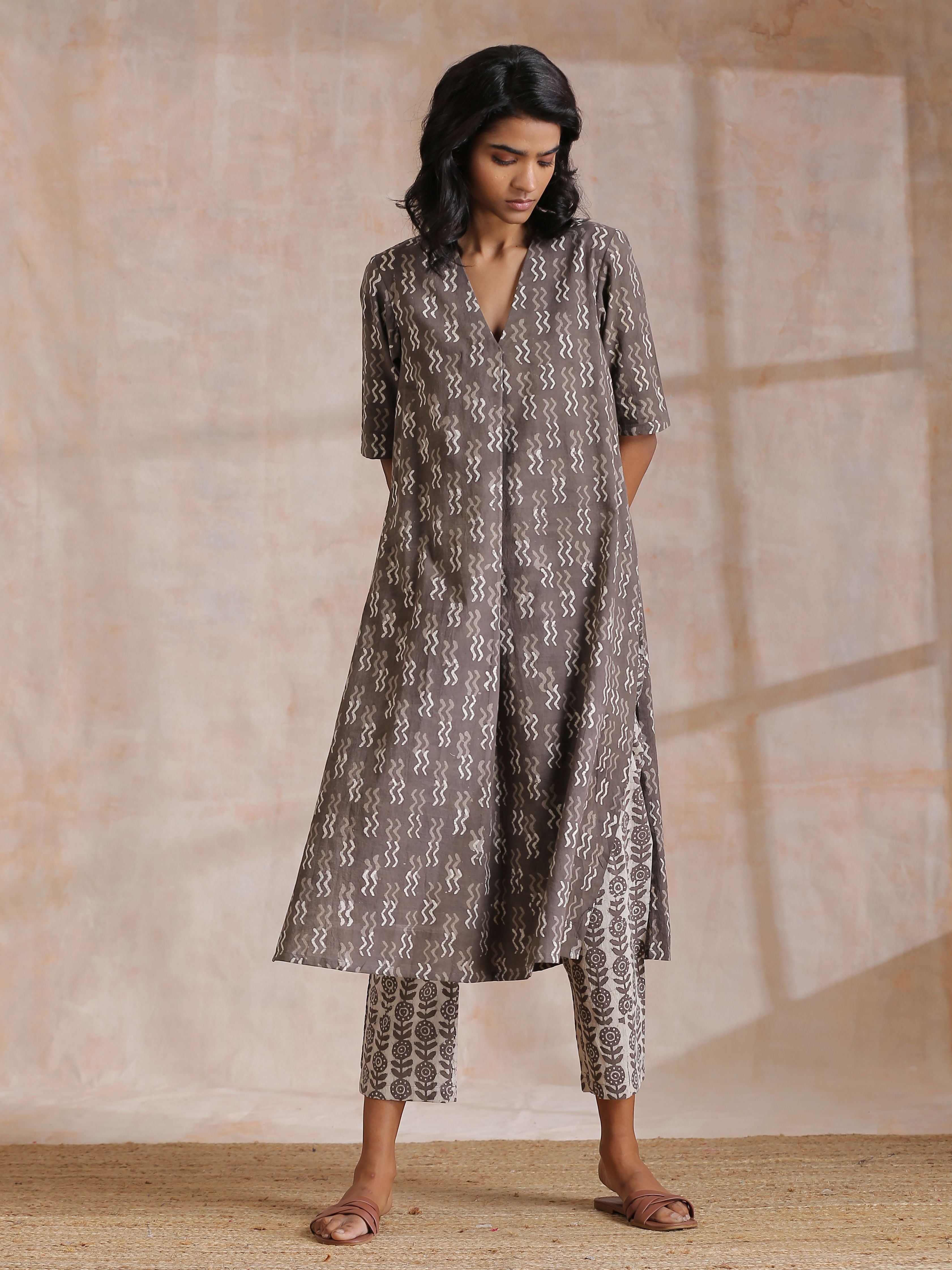 trueBrowns Clay Dabu Zig-Zag Motifs Print Cotton Kurta Pant Set - Distacart