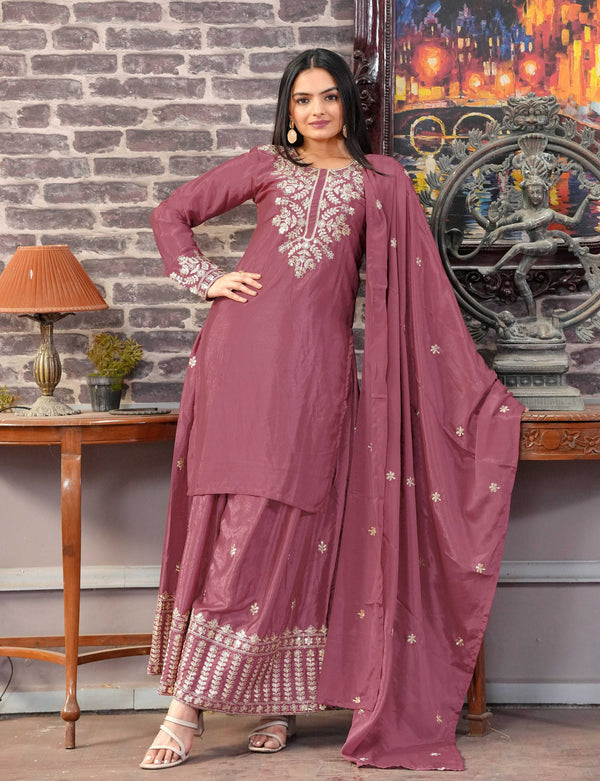 Yash Enterprise Floral Embroidered Chinon Silk Pink Readymade Salwar Suit