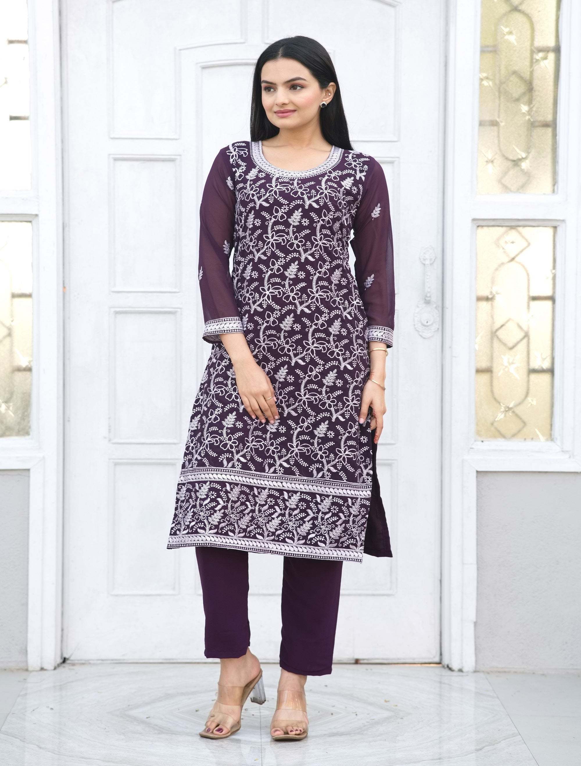 Teeya Creation Wine Color Faux Georgette Silk Heavy Embroidery Work Fully Stitched Salwar Suit - Distacart