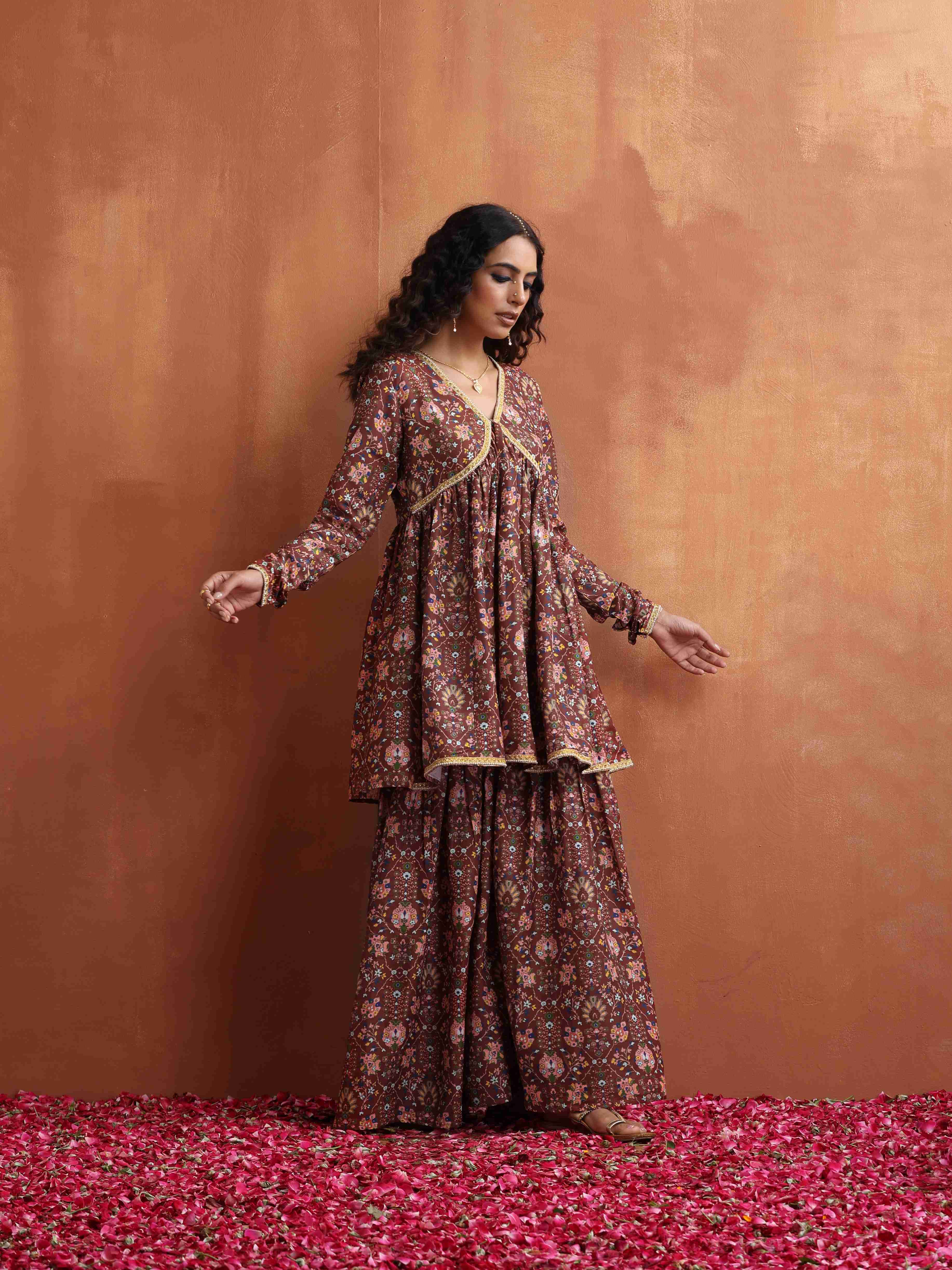 trueBrowns Brown Print Sharara Set - Distacart