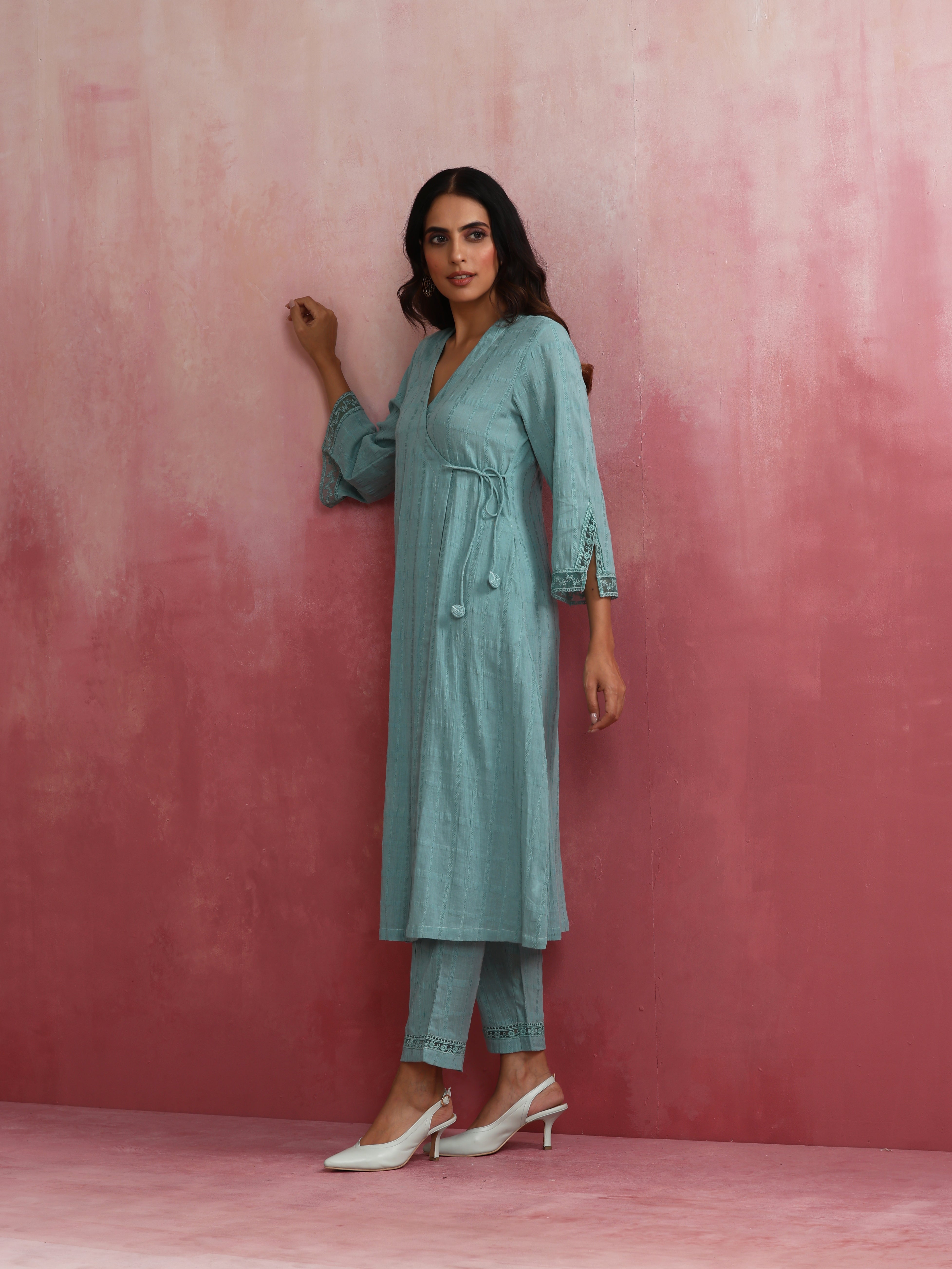 trueBrowns Aqua Blue Cotton Dobby Angrakha Kurta Set - Distacart