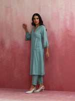 Thumbnail for trueBrowns Aqua Blue Cotton Dobby Angrakha Kurta Set - Distacart