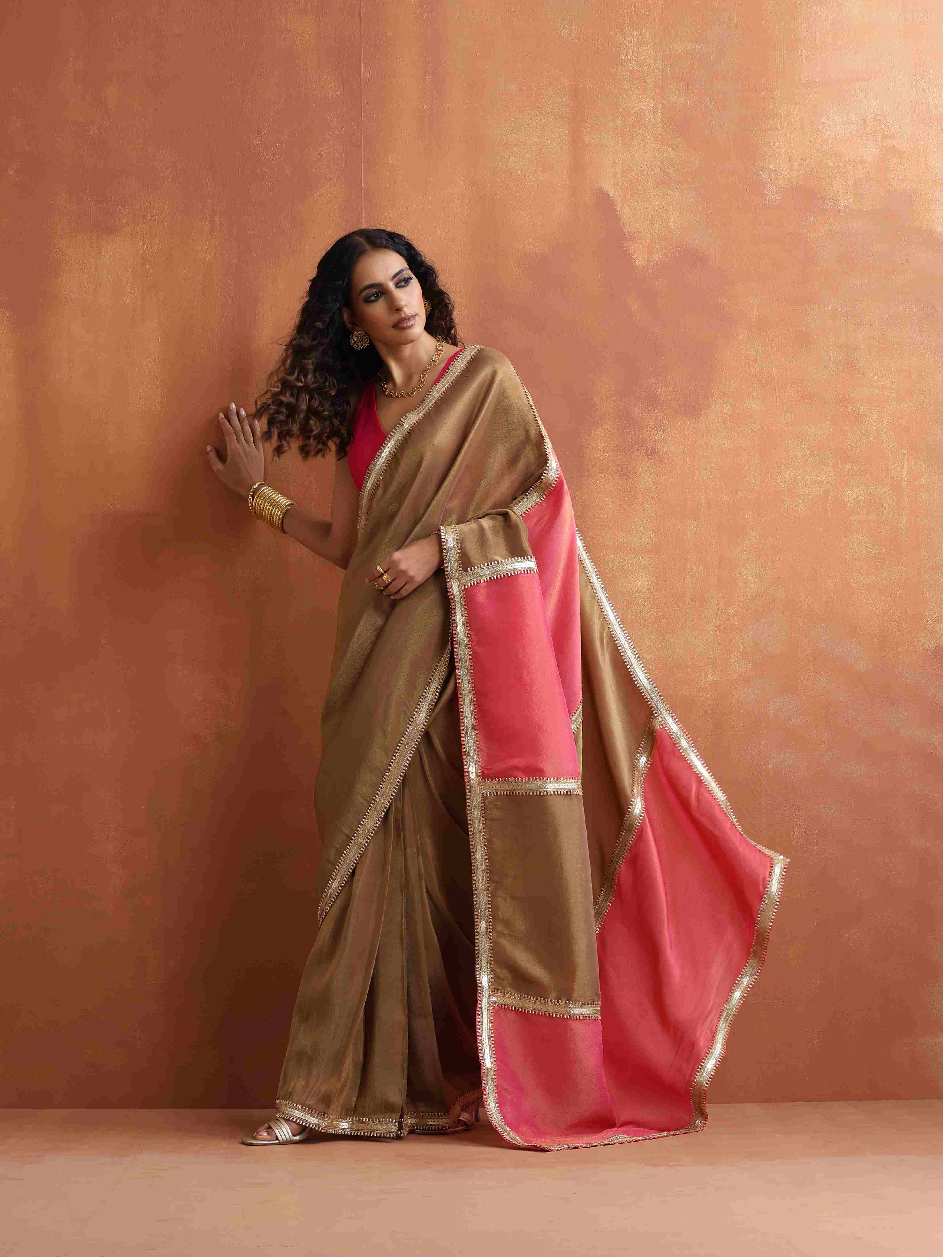 trueBrowns Bronze Tissue Ready To Wear Saree - Distacart