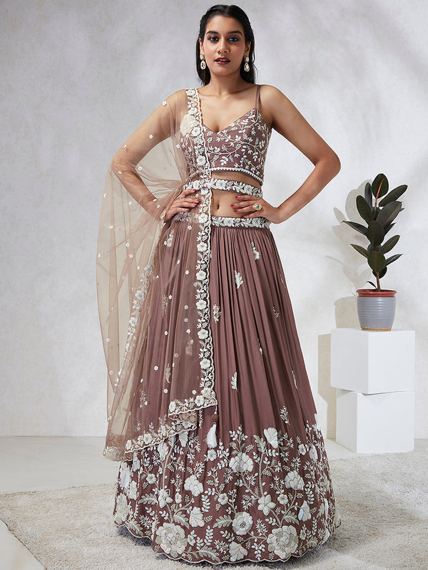 House of Panchhi Rose Gold Pure Georgette Sequins And Thread Embroidery Lehenga Choli & Dupatta - Distacart