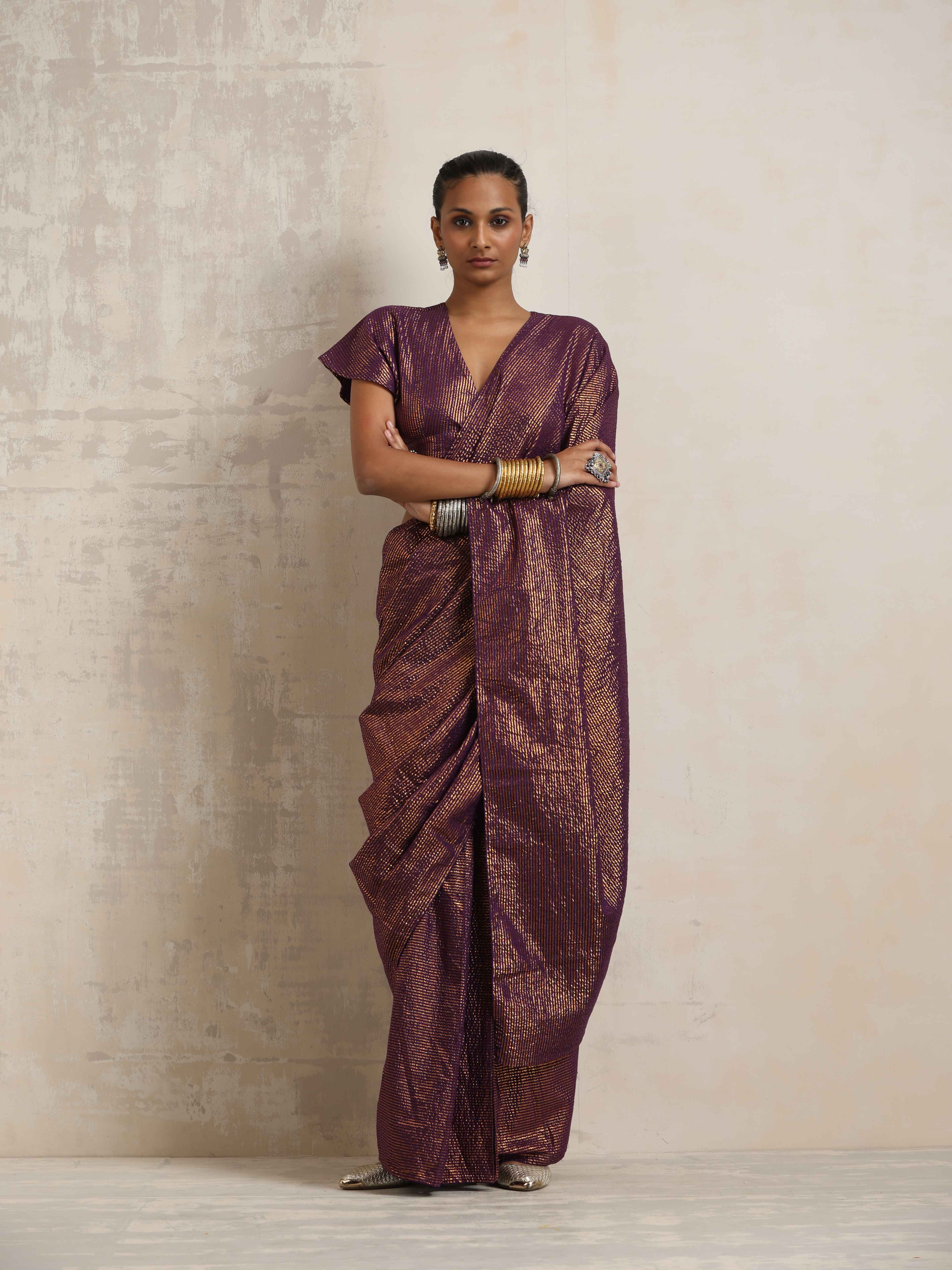 trueBrowns Purple Gold Lurex Ready To Wear Saree - Distacart