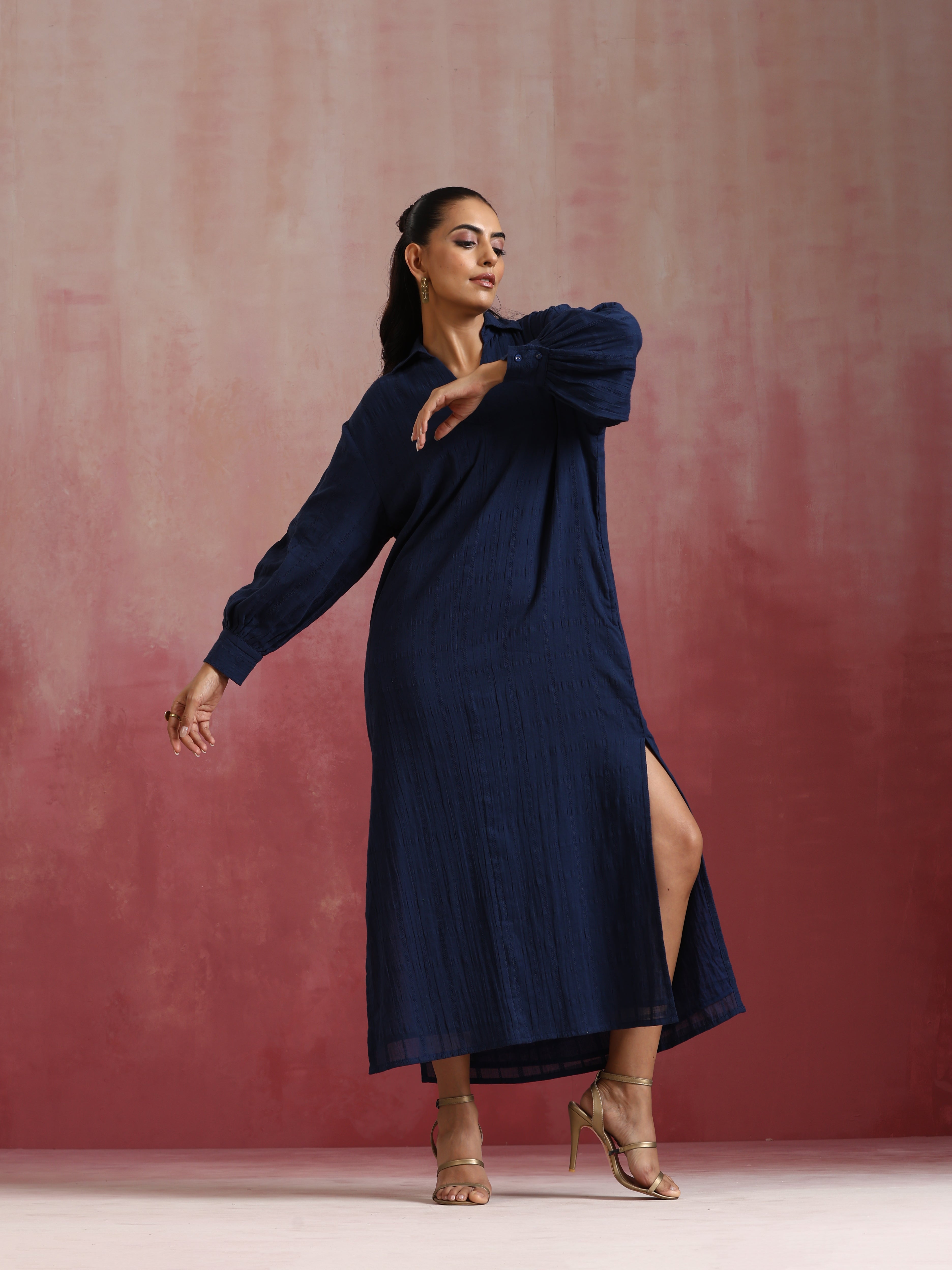 trueBrowns Dark Blue Cotton Dobby Dress - Distacart