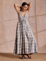 Thumbnail for trueBrowns Grey Dabu Buta Print Cotton Sleeveless Dress - Distacart