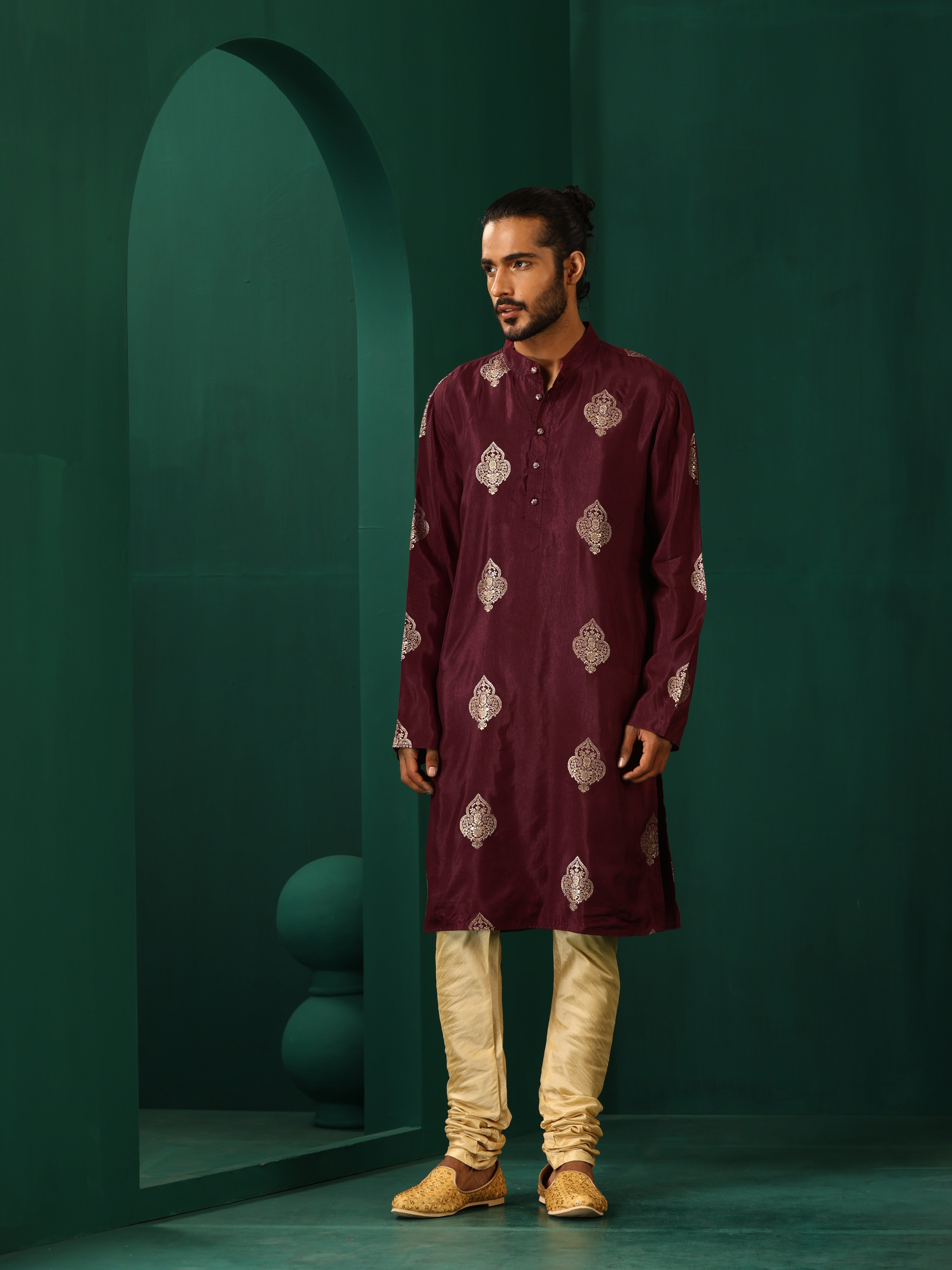 trueBrowns Men's Wine Geometric Viscose Silk Long Kurta - Distacart