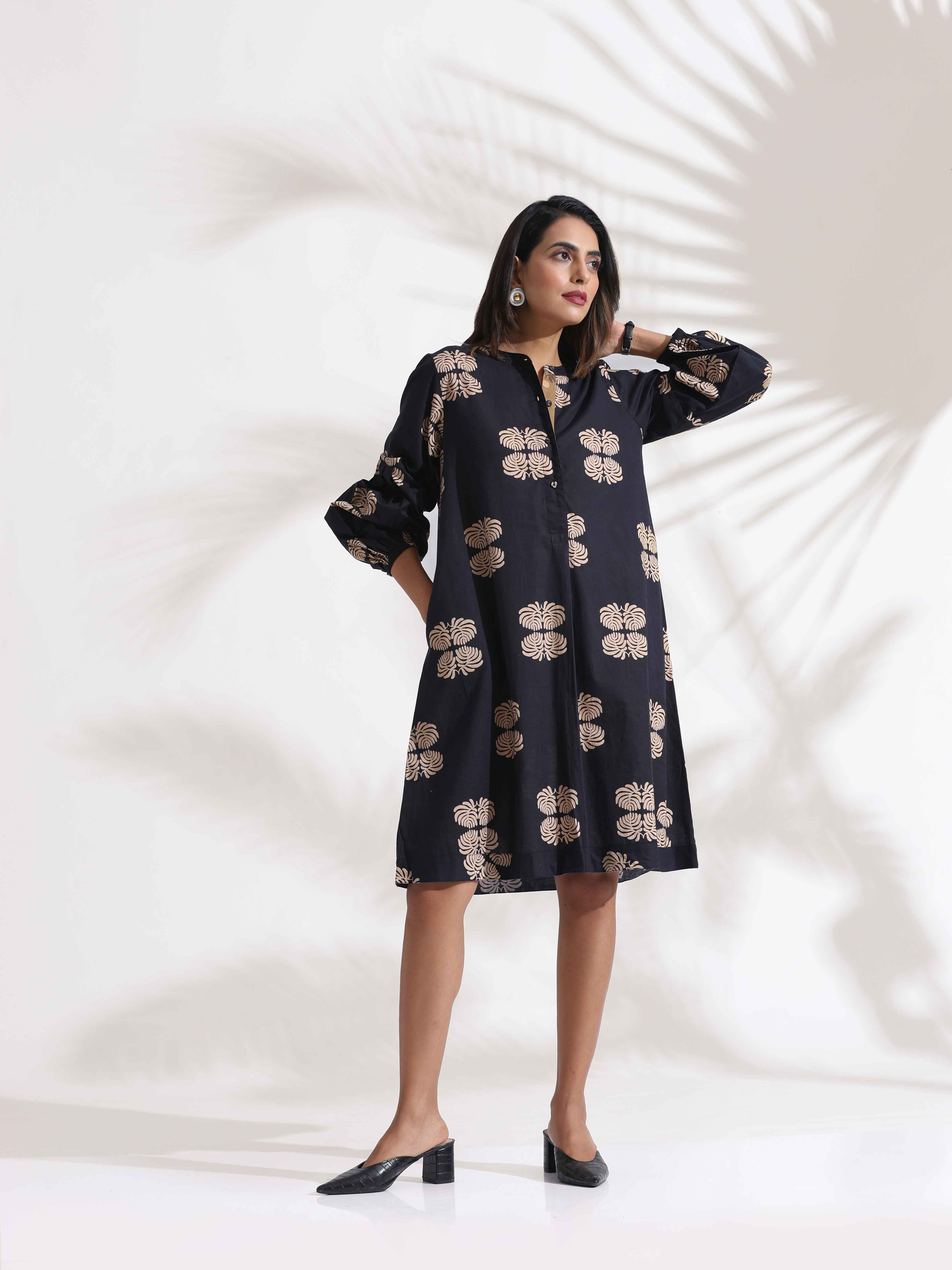 trueBrowns Black Cotton Print Short Dress - Distacart