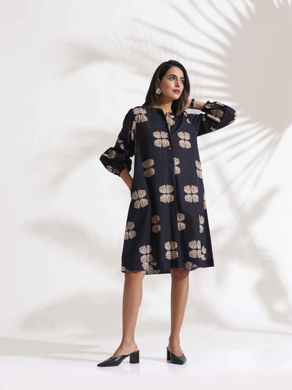 trueBrowns Black Cotton Print Short Dress - Distacart
