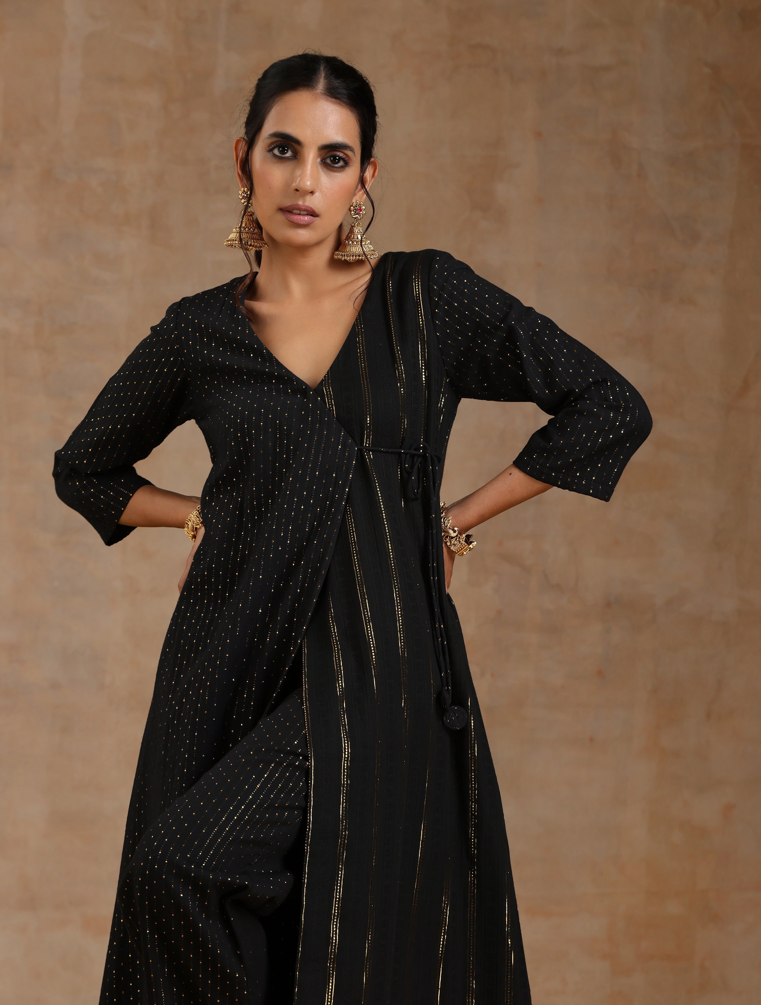 trueBrowns Black Gold Cotton Angrakha Kurta Set - Distacart