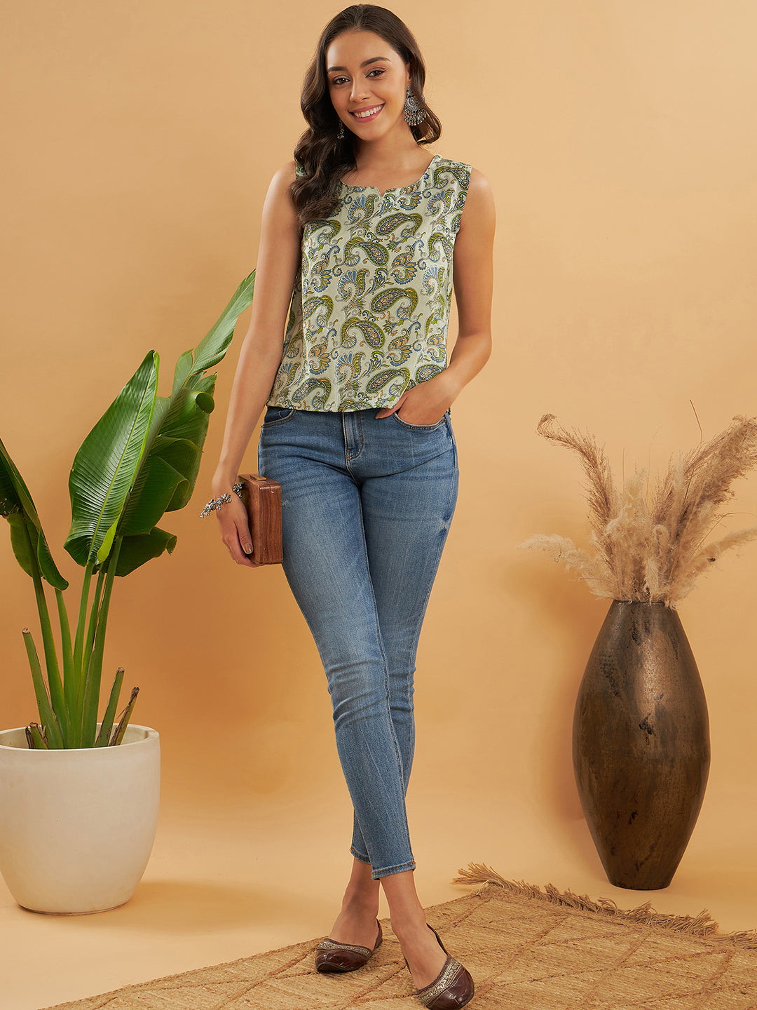 InWeave Sage Green Paisley Print W/U Top - Distacart