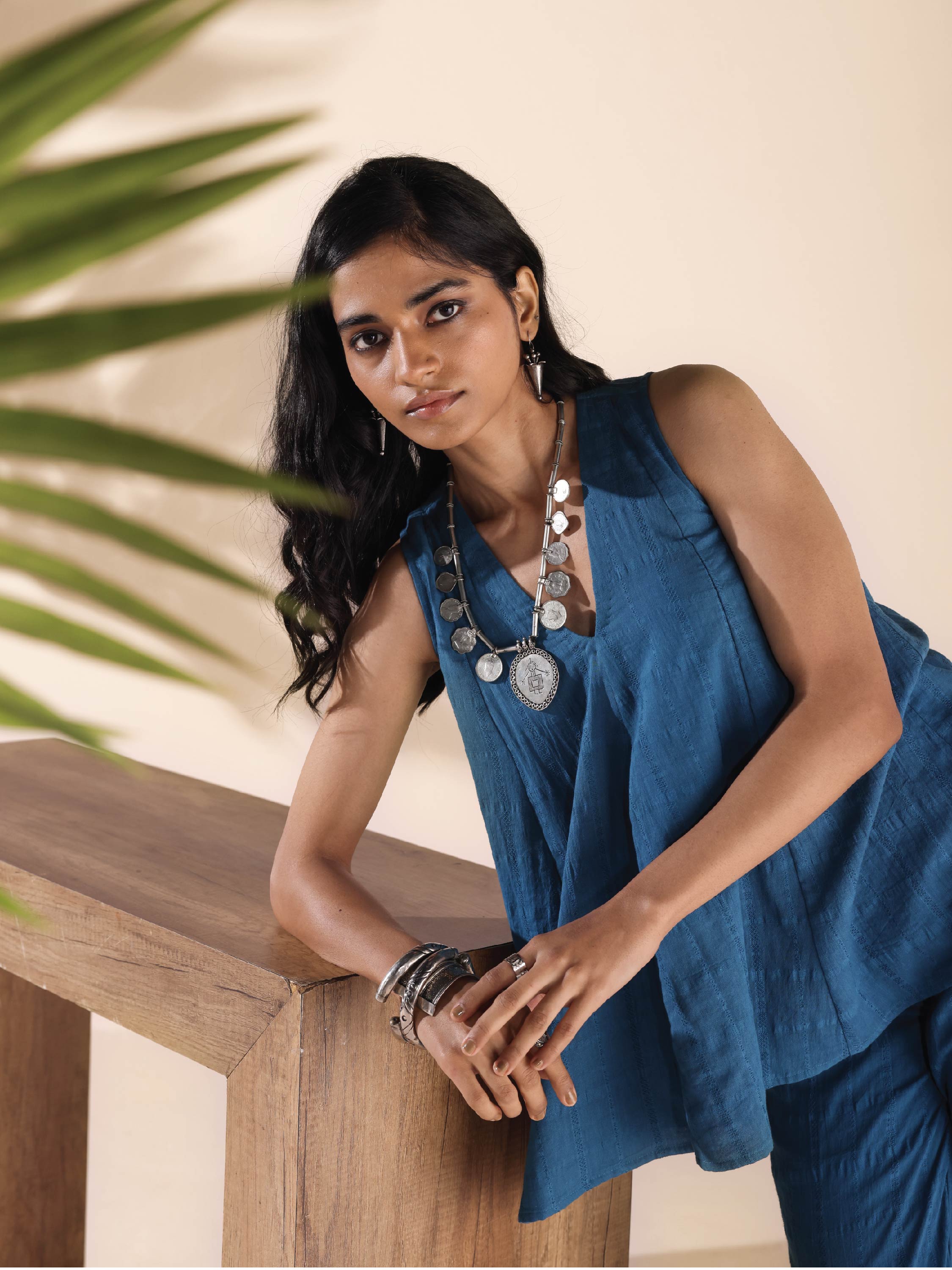 trueBrowns Blue Cotton Dobby Flared Co-ord Set - Distacart