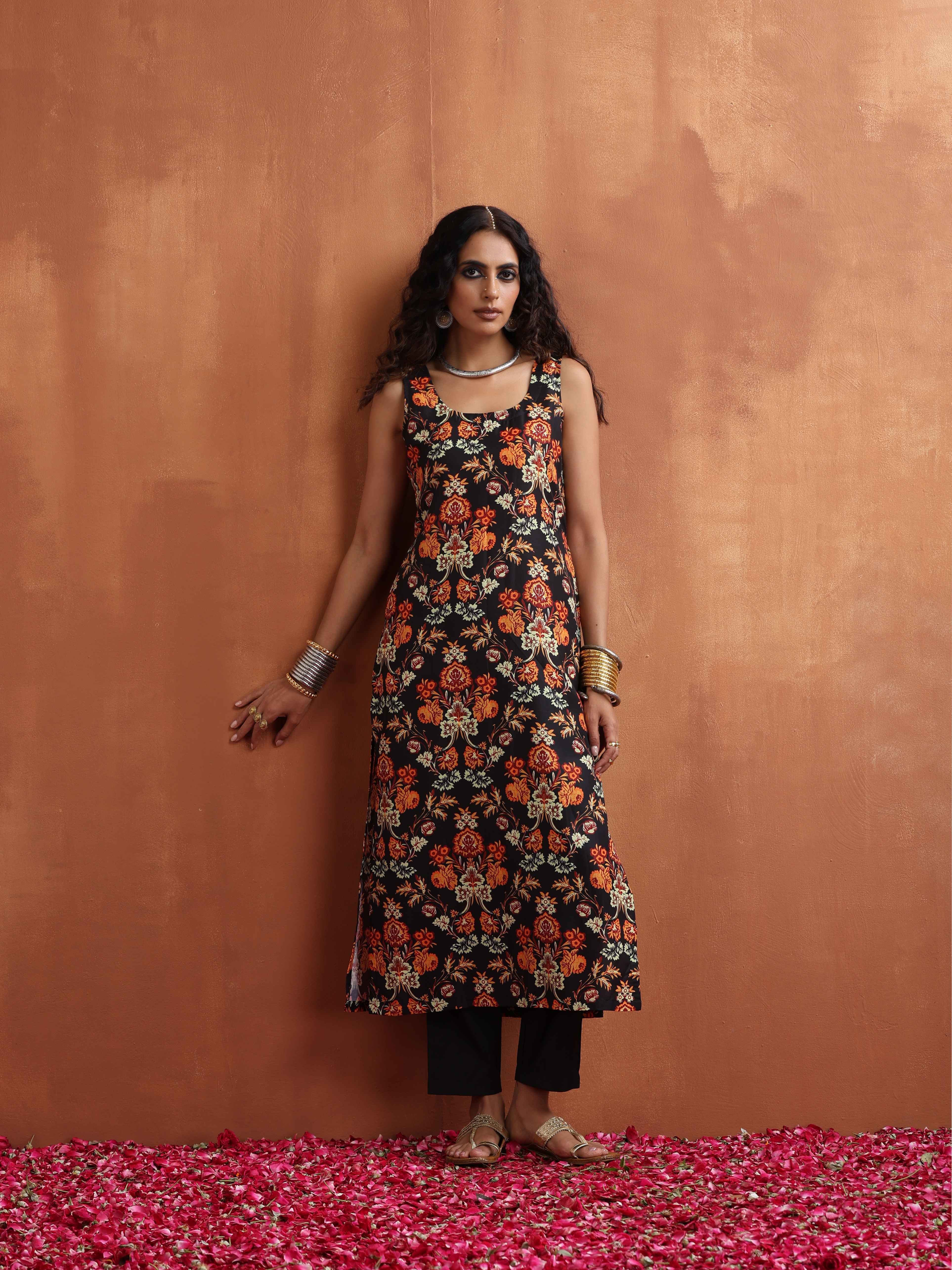 trueBrowns Black Print Straight Kurta Set - Distacart