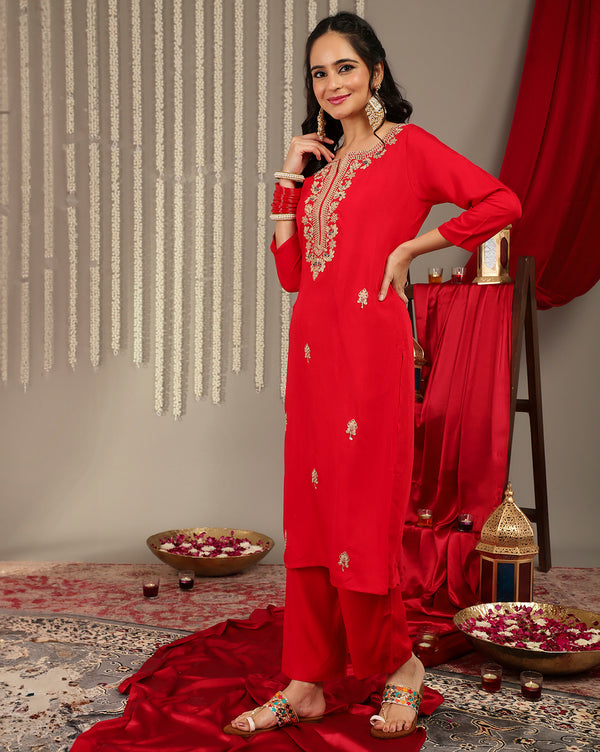 Varanga Women Red Placement Design Zari Embroidered Kurta With Three Quarter Sleeves Paired With Tonal Bottom And Contrast Printed Dupatta - Distacart