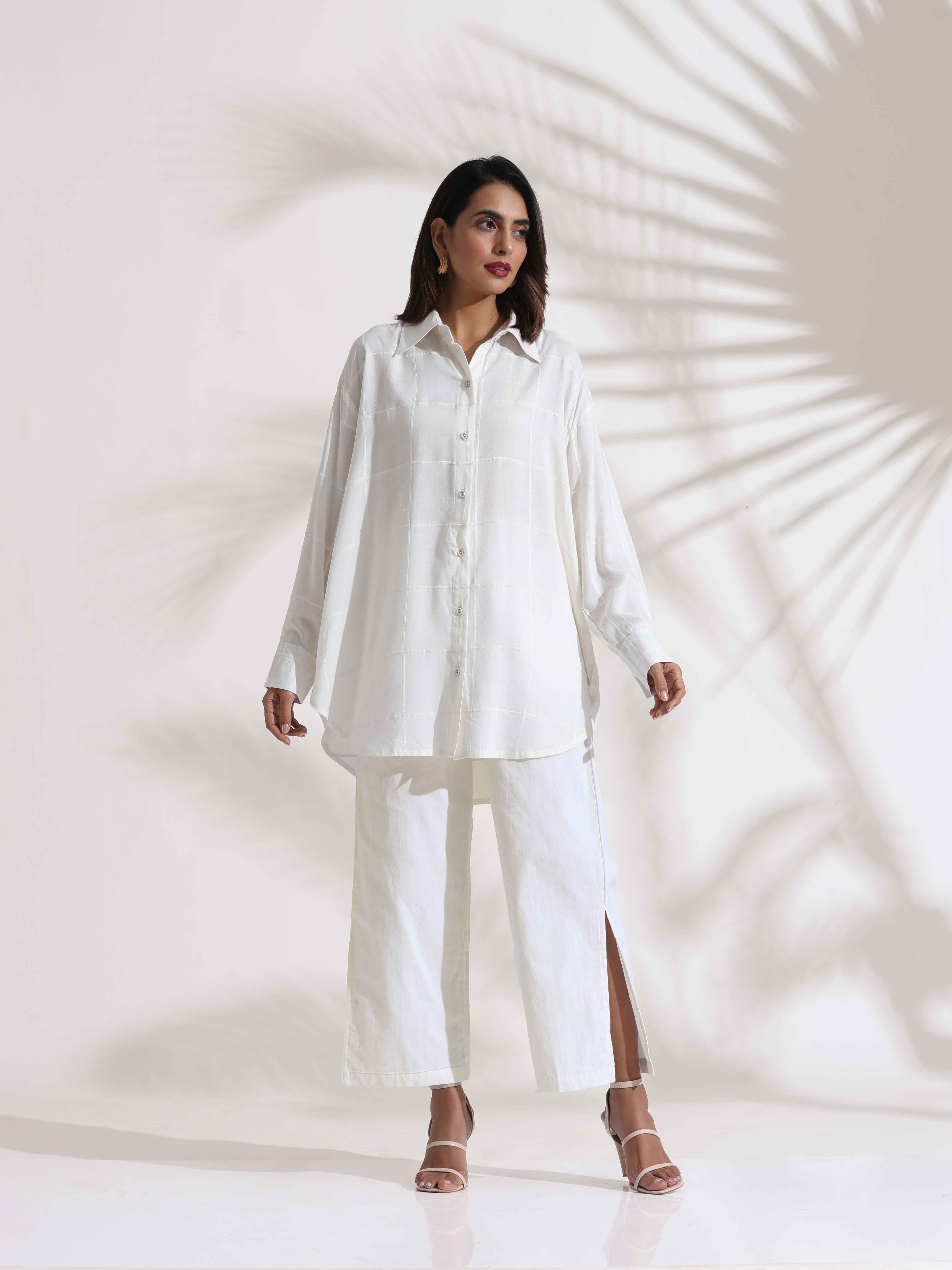 trueBrowns White Cotton Check Shirt Co-ord Set - Distacart