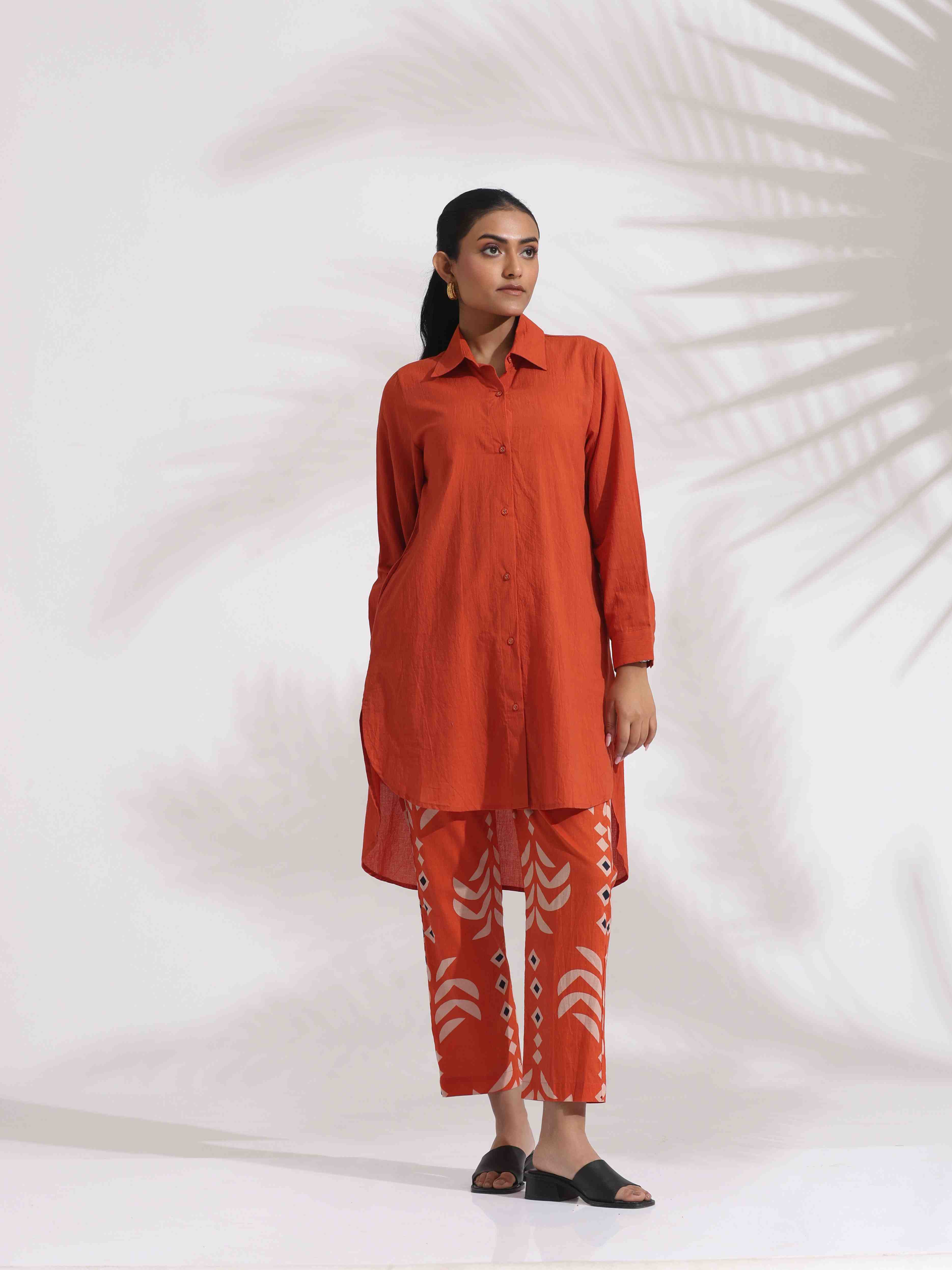 trueBrowns Orange Cotton Solid Shirt Kurta Co-ord Set - Distacart