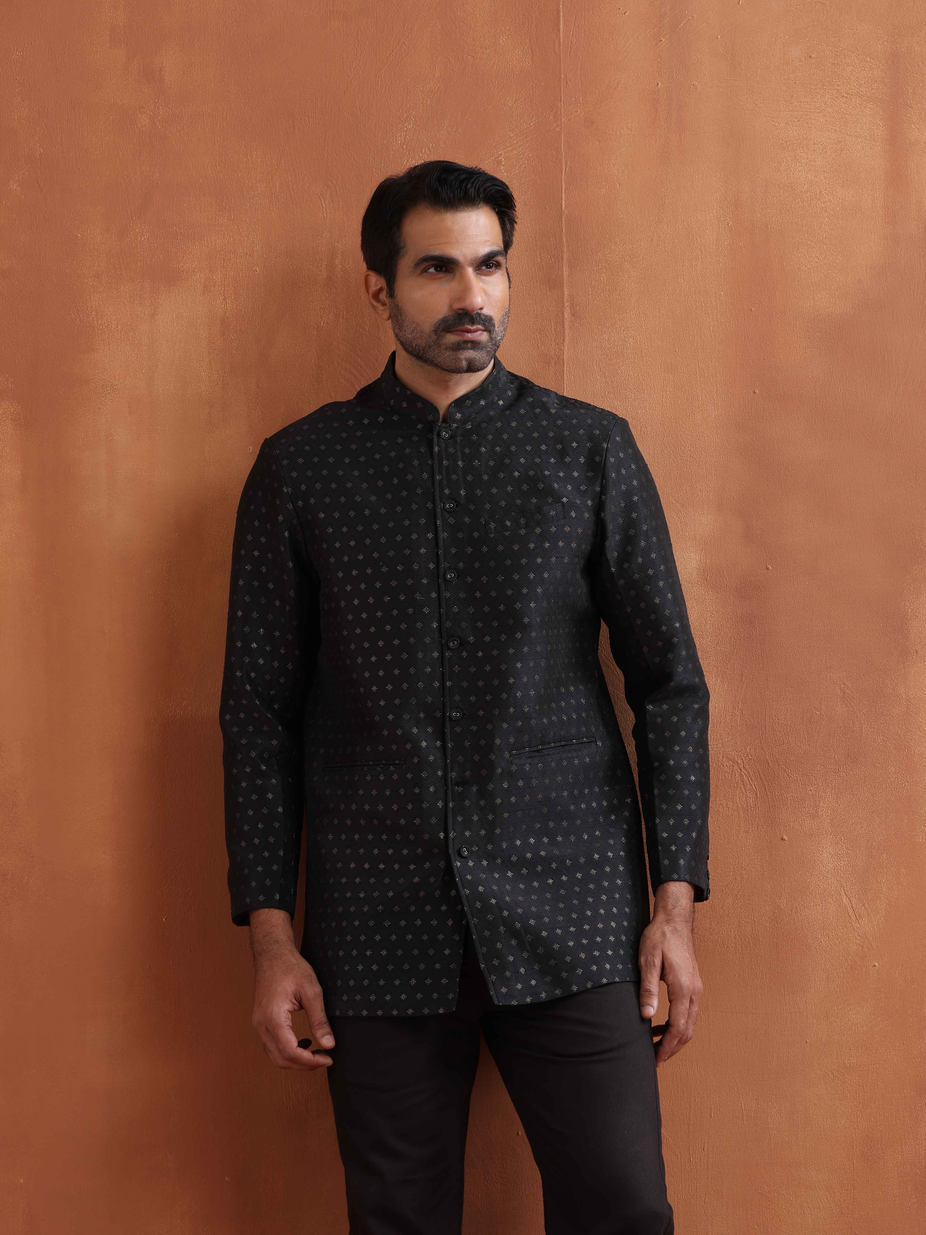 trueBrowns Men's Black Chanderi Long Jacket - Distacart