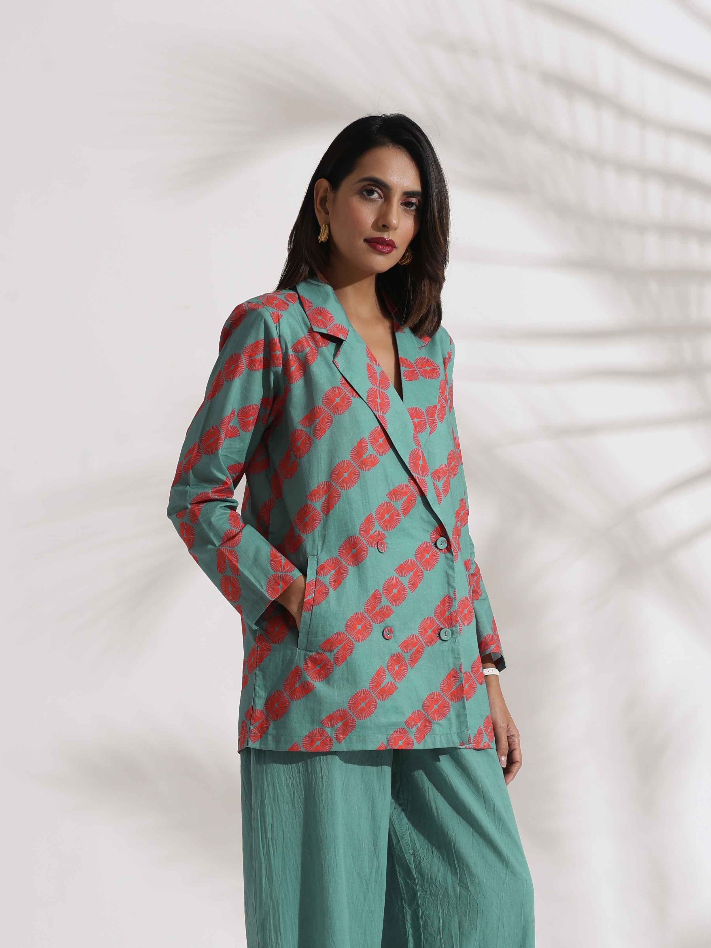 trueBrowns Green Cotton Print Jacket Top Co-ord Set - Distacart