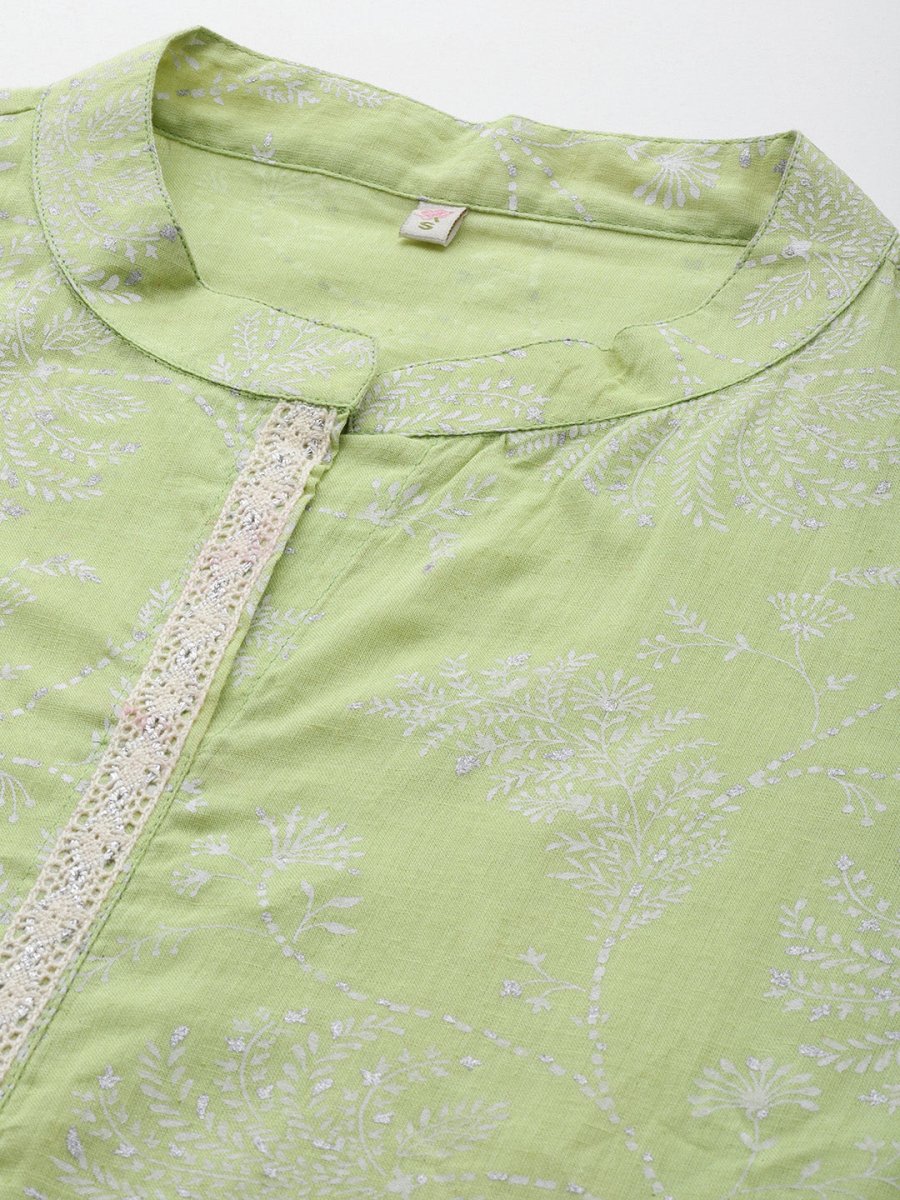 Ahalyaa Mandarin Collar Floral Printed Tunic with Lace Inserts Detail - Distacart