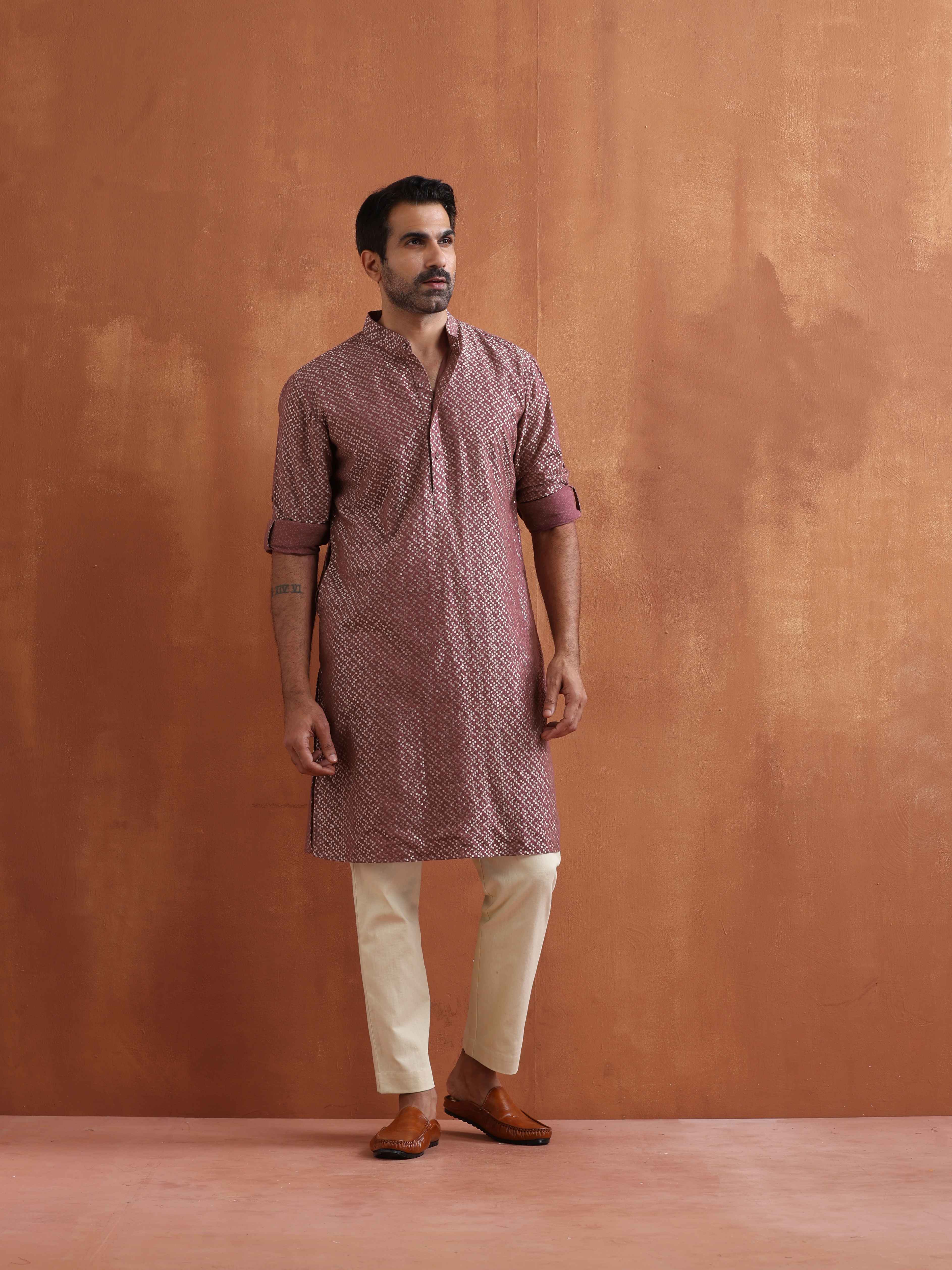 trueBrowns Men's Purple Cotton Dobby Kurta - Distacart