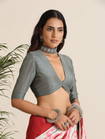 Thumbnail for trueBrowns Grey Muslin Solid Deep V-Neck Blouse