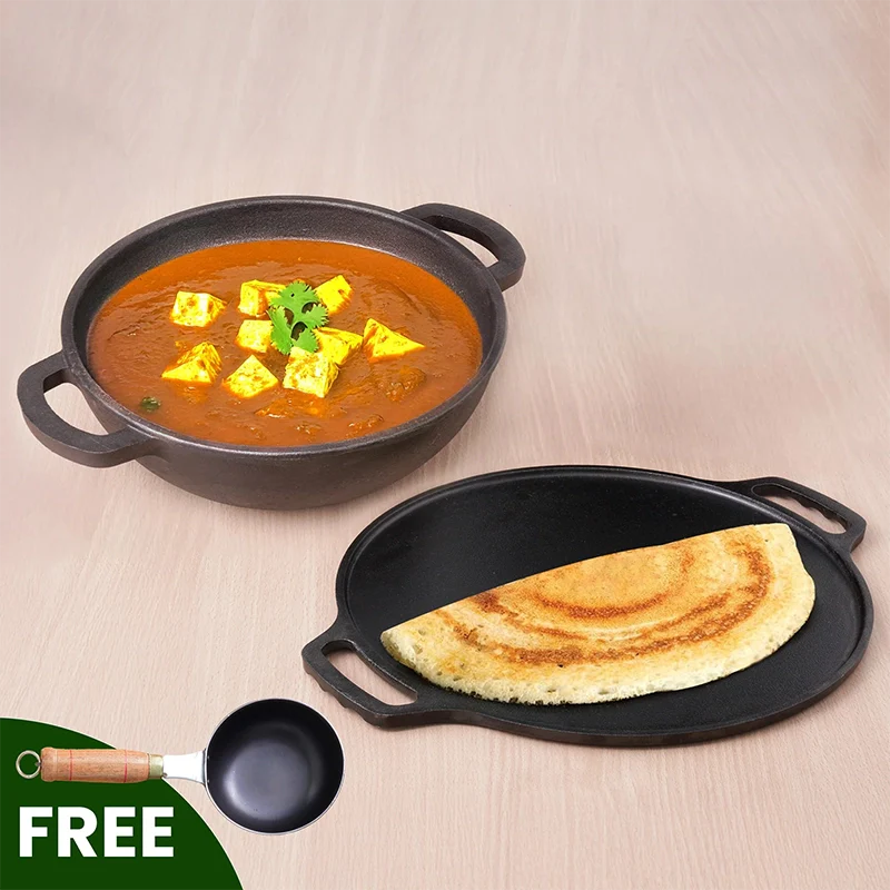 The Indus Valley CASTrong Cast Iron Cookware Set: Tawa+ Kadai, Kitchen Set for Home, Pre-seasoned, 100% Pure, Toxin-free, Induction, Tadka Pan