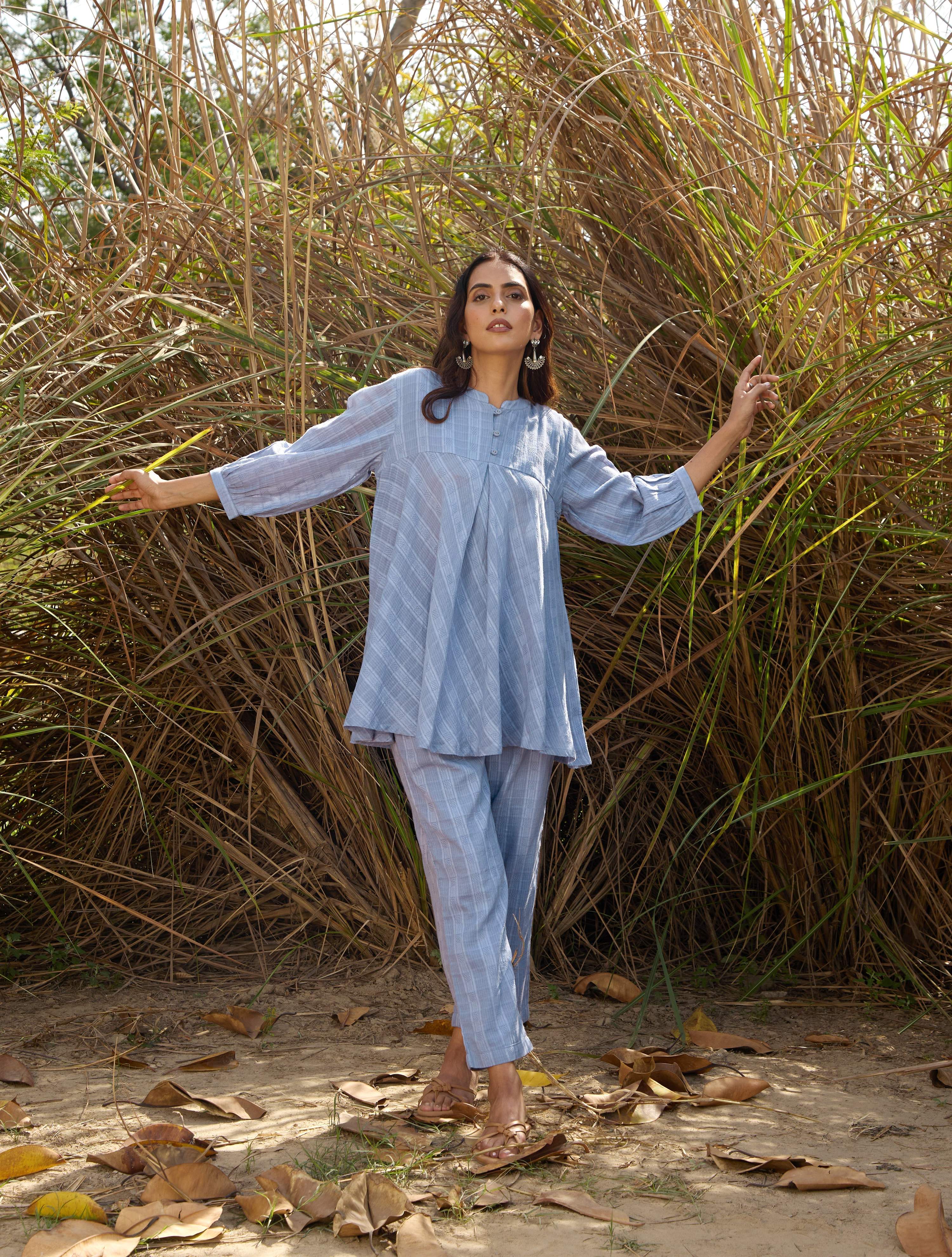 trueBrowns Light Blue Cotton Dobby Flared Co-ord Set - Distacart